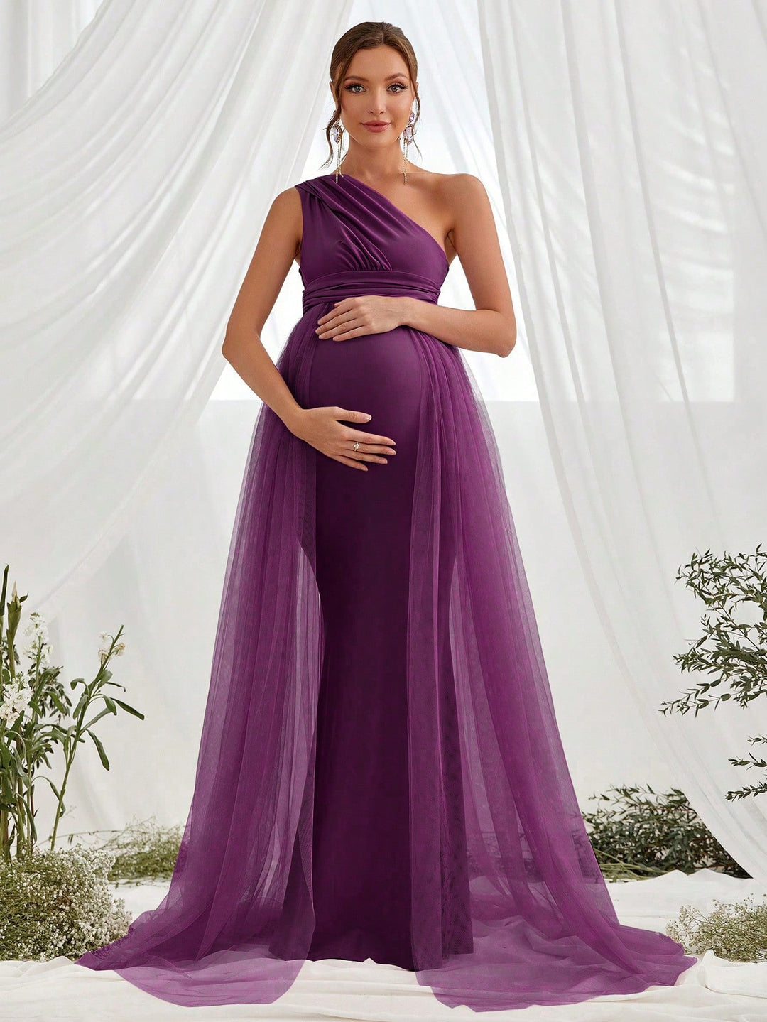 One Shoulder Sleeveless Contrast Mesh Maternity Dress