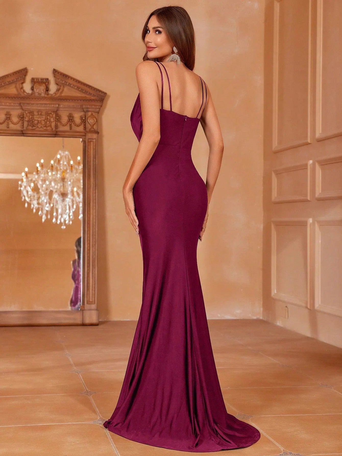 Plunging Neck Sleeveless Ruched Wrap Hem Formal Dress