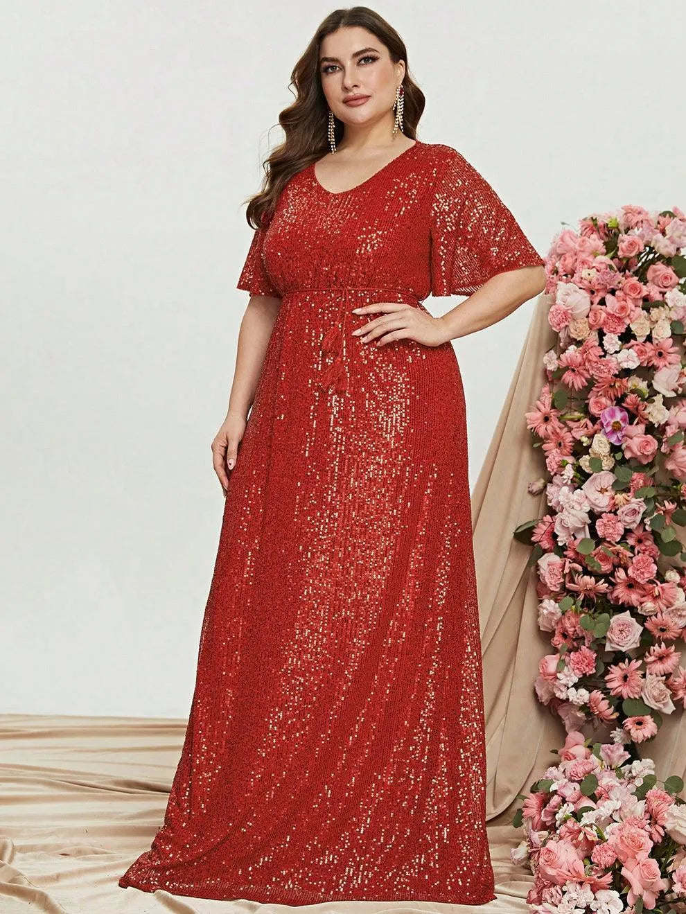 Plus Butterfly Sleeve Sequin Prom Dress