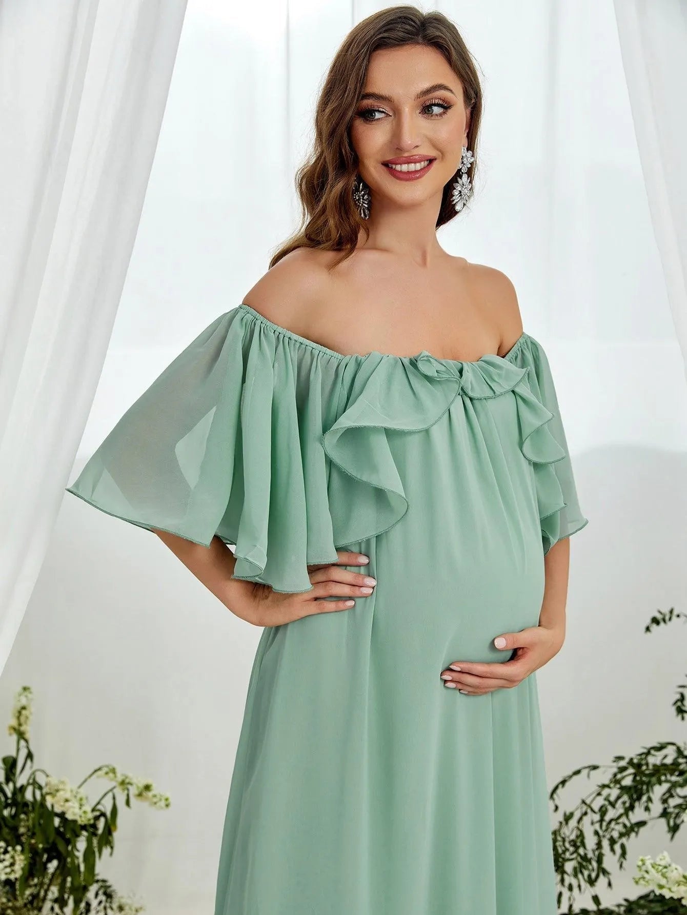 Maternity Off Shoulder Layered Ruffle Sleeves Chiffon Dress