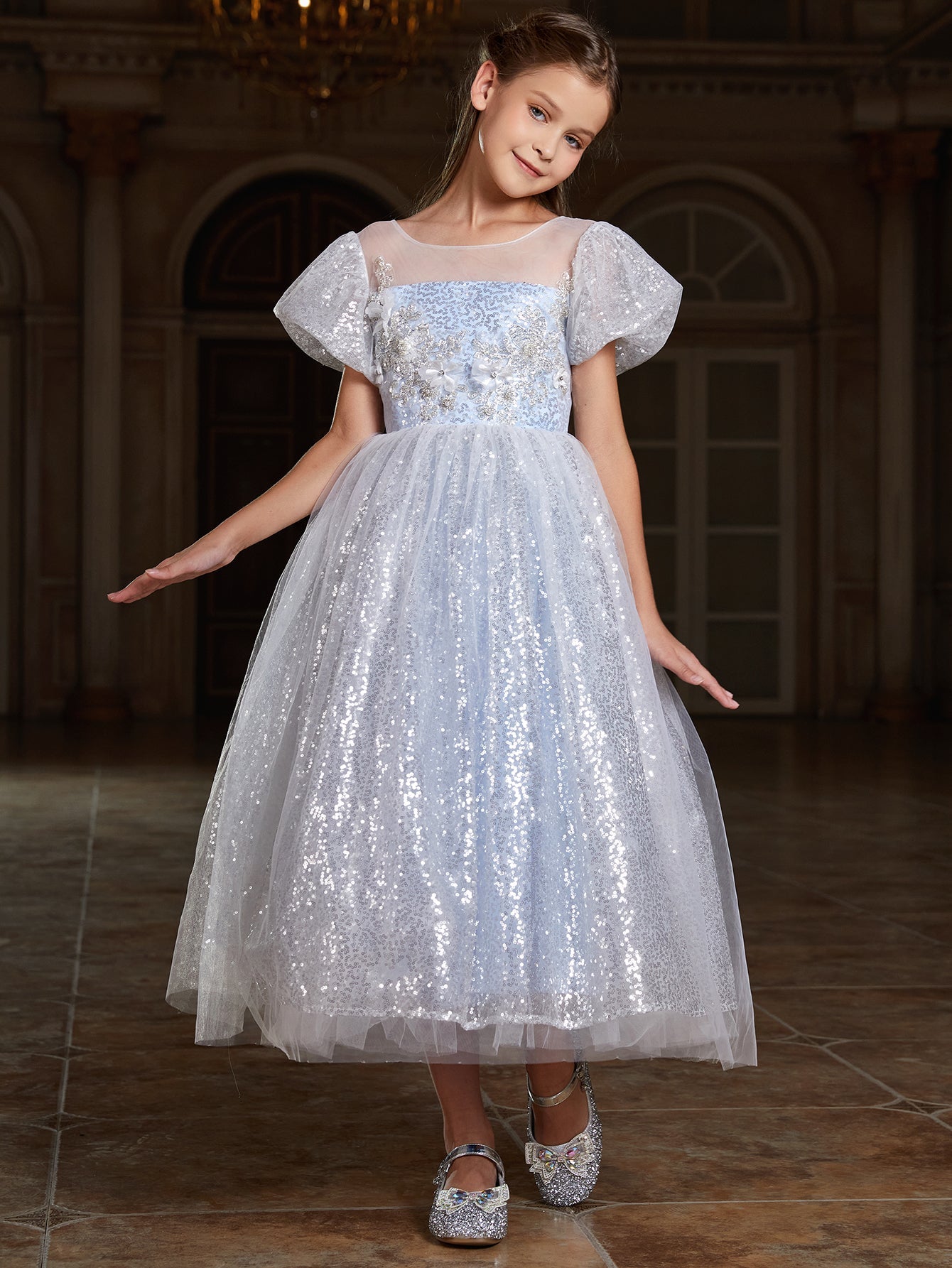 Girl's Applique Decor Puff Sleeve Sequin A Line Dress