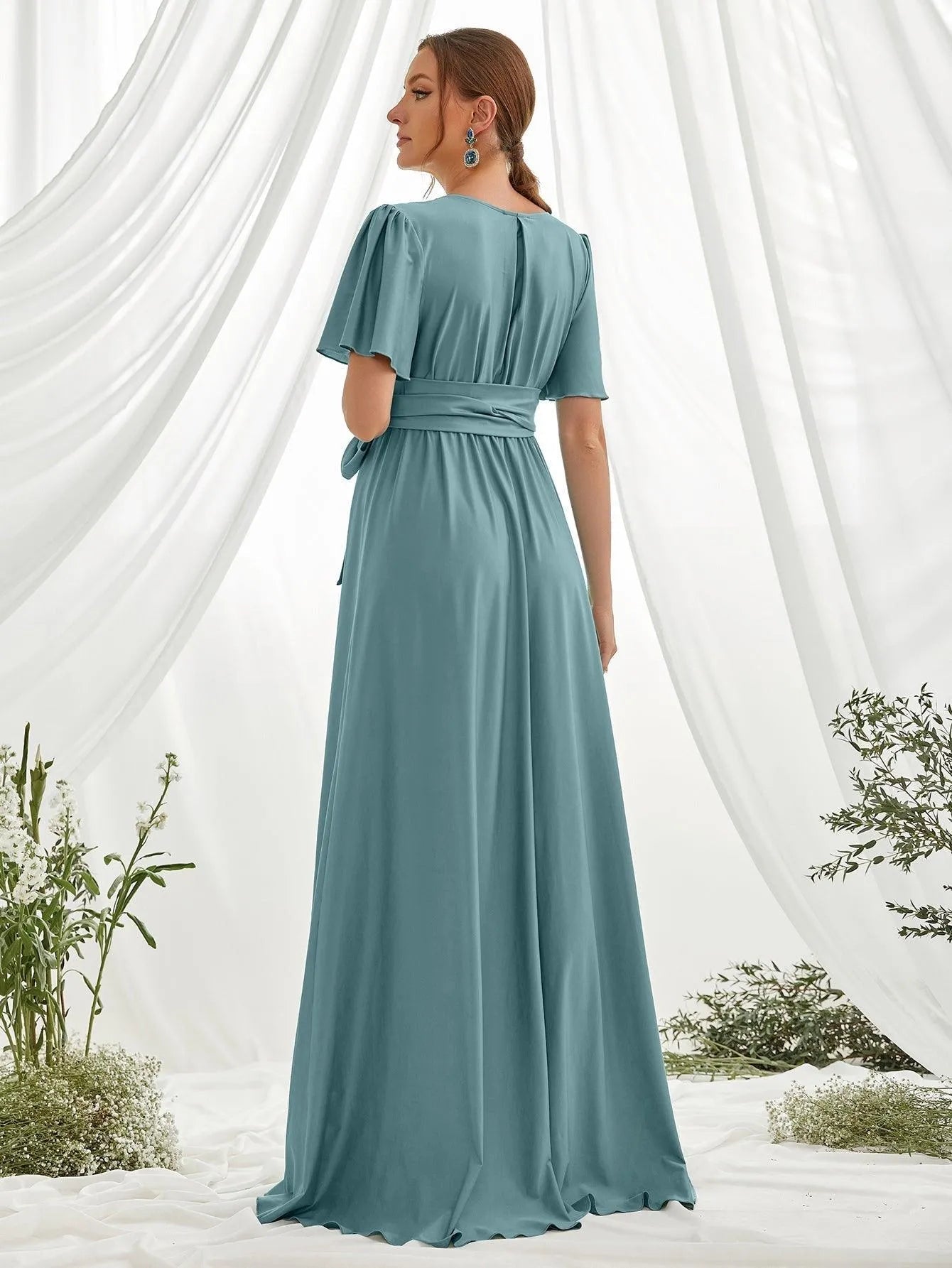 Maternity Surplice Neck Butterfly Sleeve Belted Dress