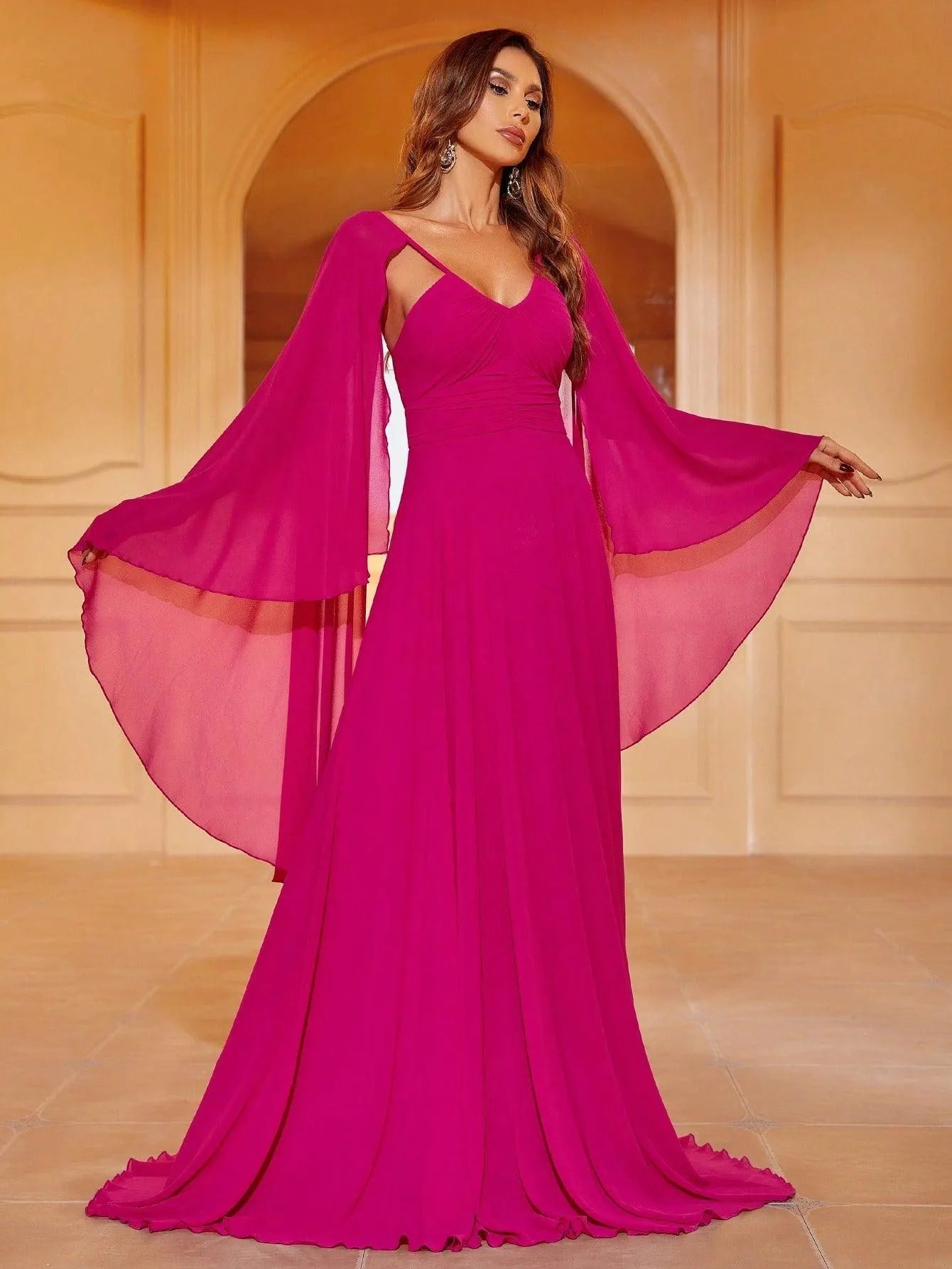 Elegant Cape Sleeves Chiffon Formal Dress