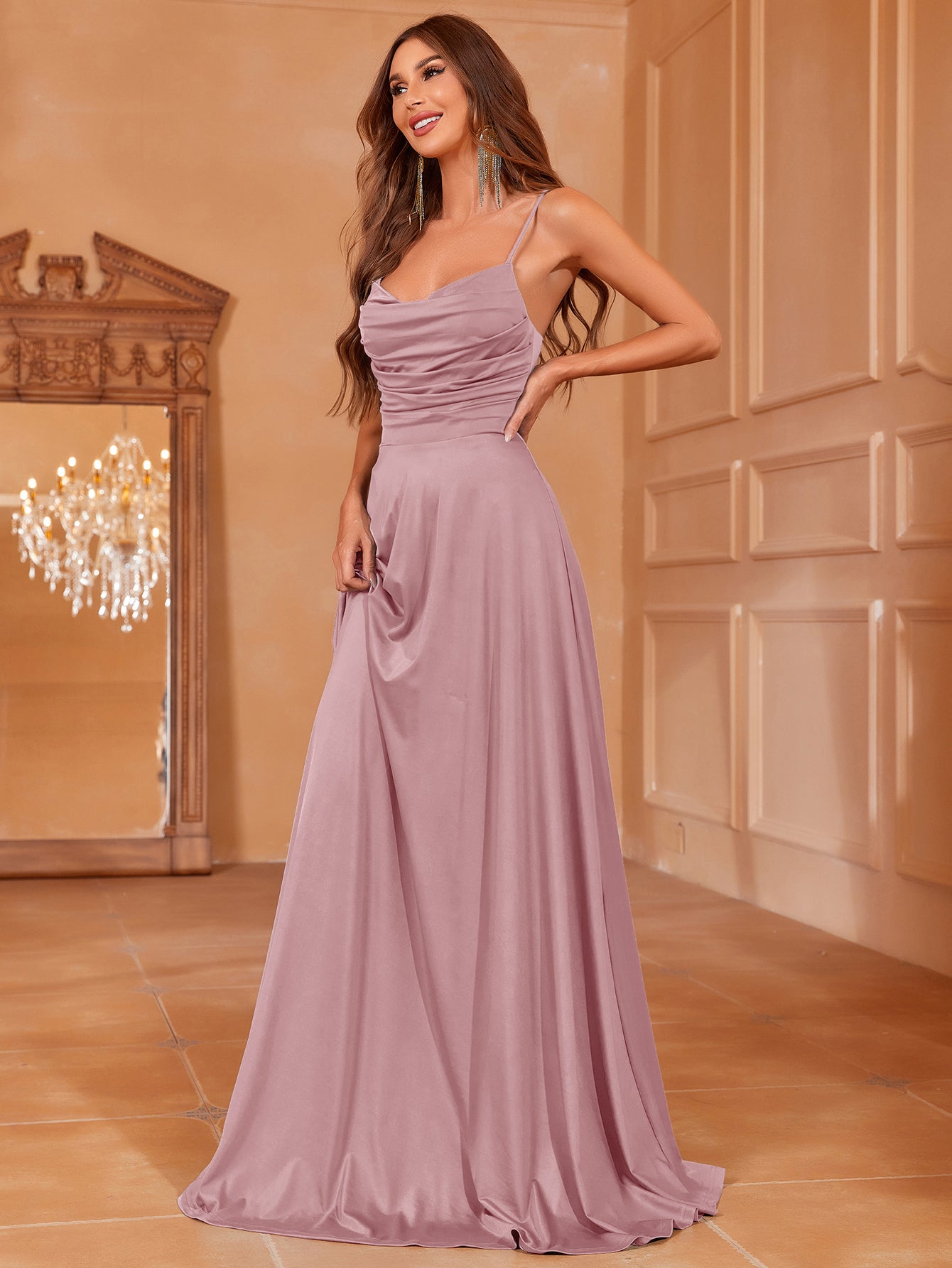 Elegant Ruched Draped Collar Cami Bridesmaid Dress