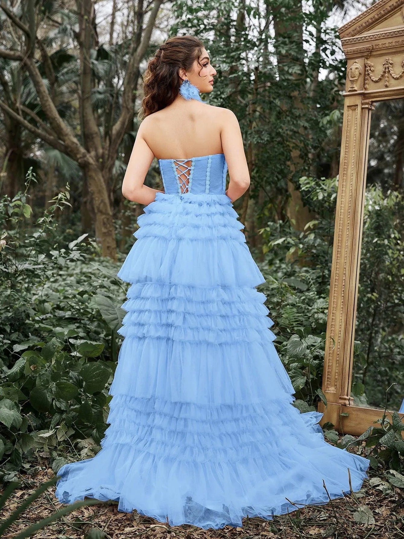 Gorgeous Strapless Cascading Ruffles Hem Tulle Prom Dress