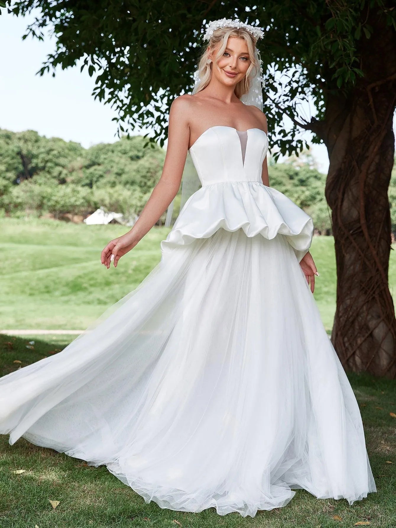 Ruffle Trim Mesh Overlay Satin Tube Wedding Dress