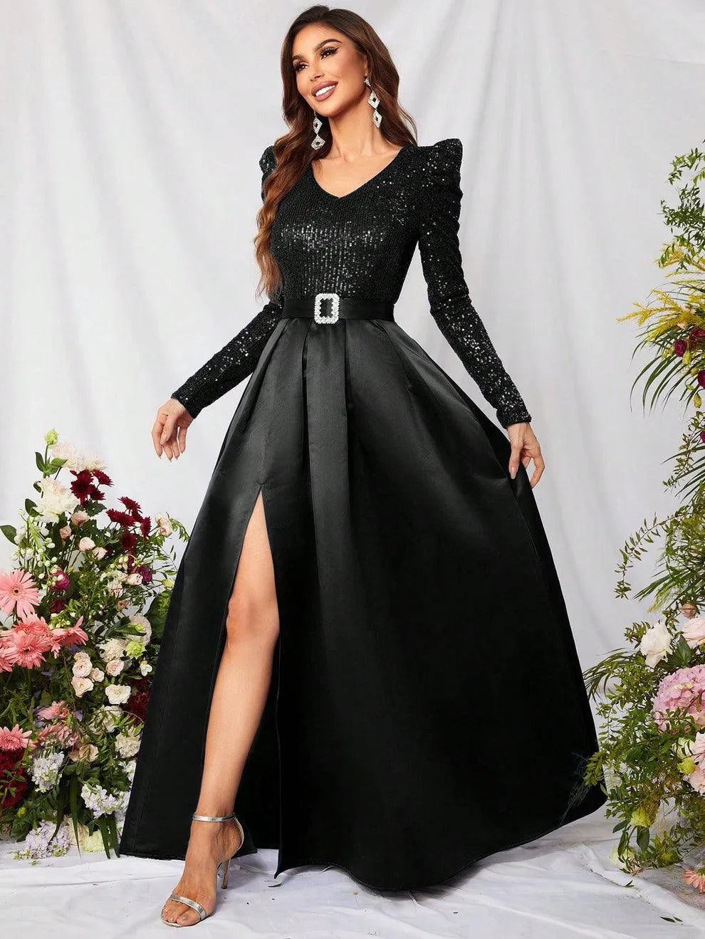 Elegant V Neck Gigot Sleeve Slit A Line Prom Dress