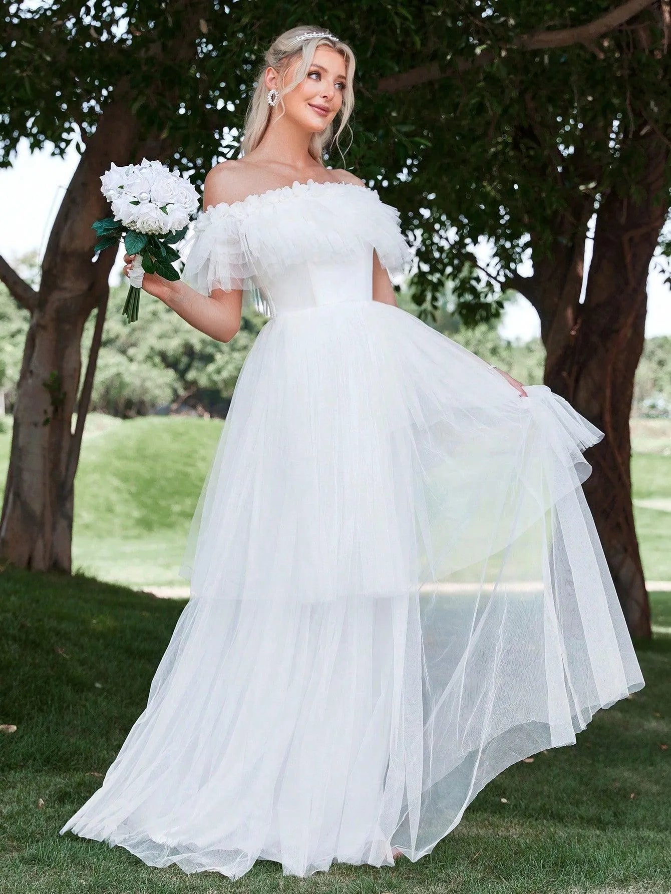 Ruffle Trim Off Shoulder Layered Mesh Wedding Dress