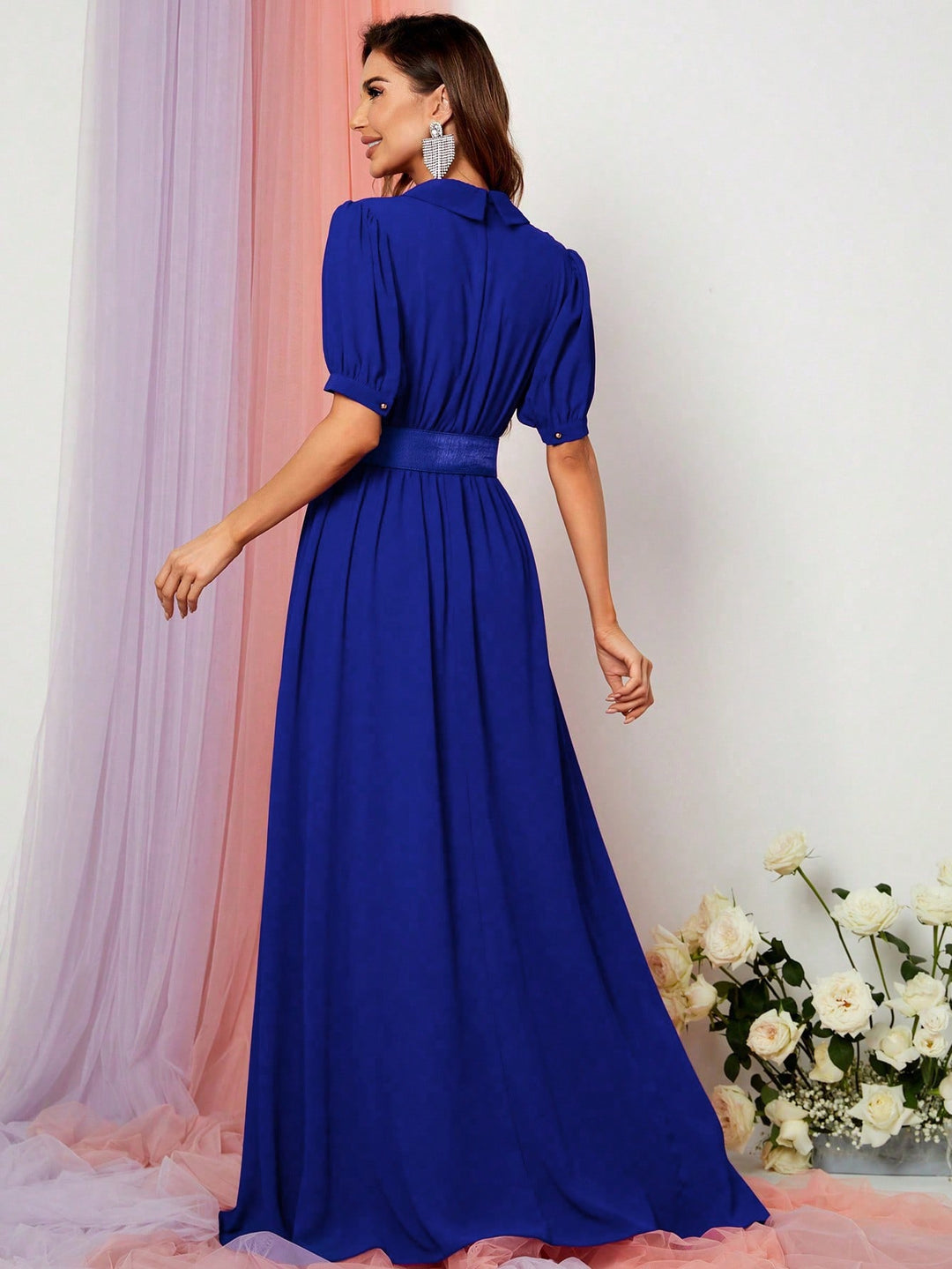 Deep V Neck Puff Sleeve Belted Maxi Dress