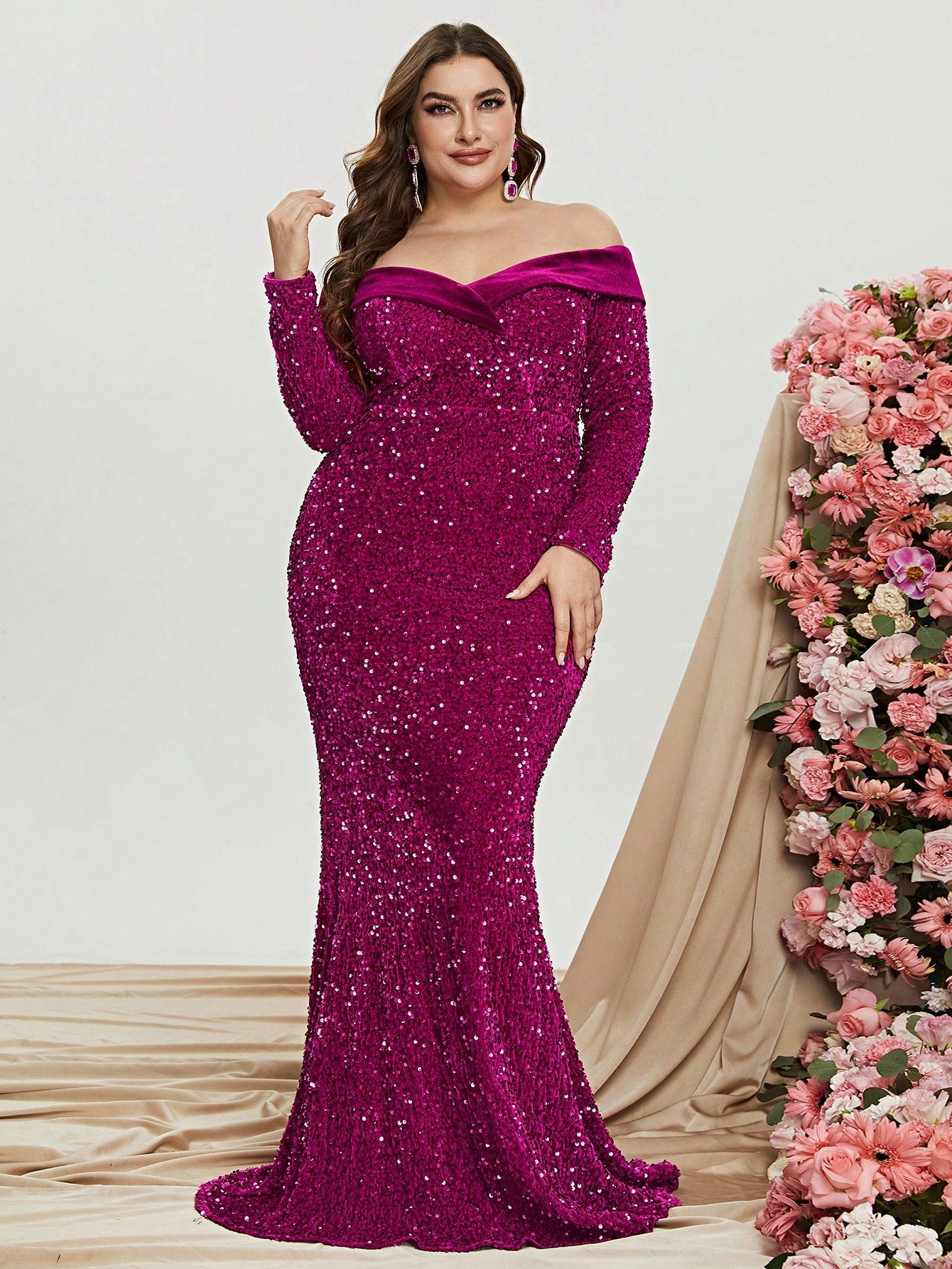 Plus Off Shoulder Long Sleeve Sequin Mermaid Dresses