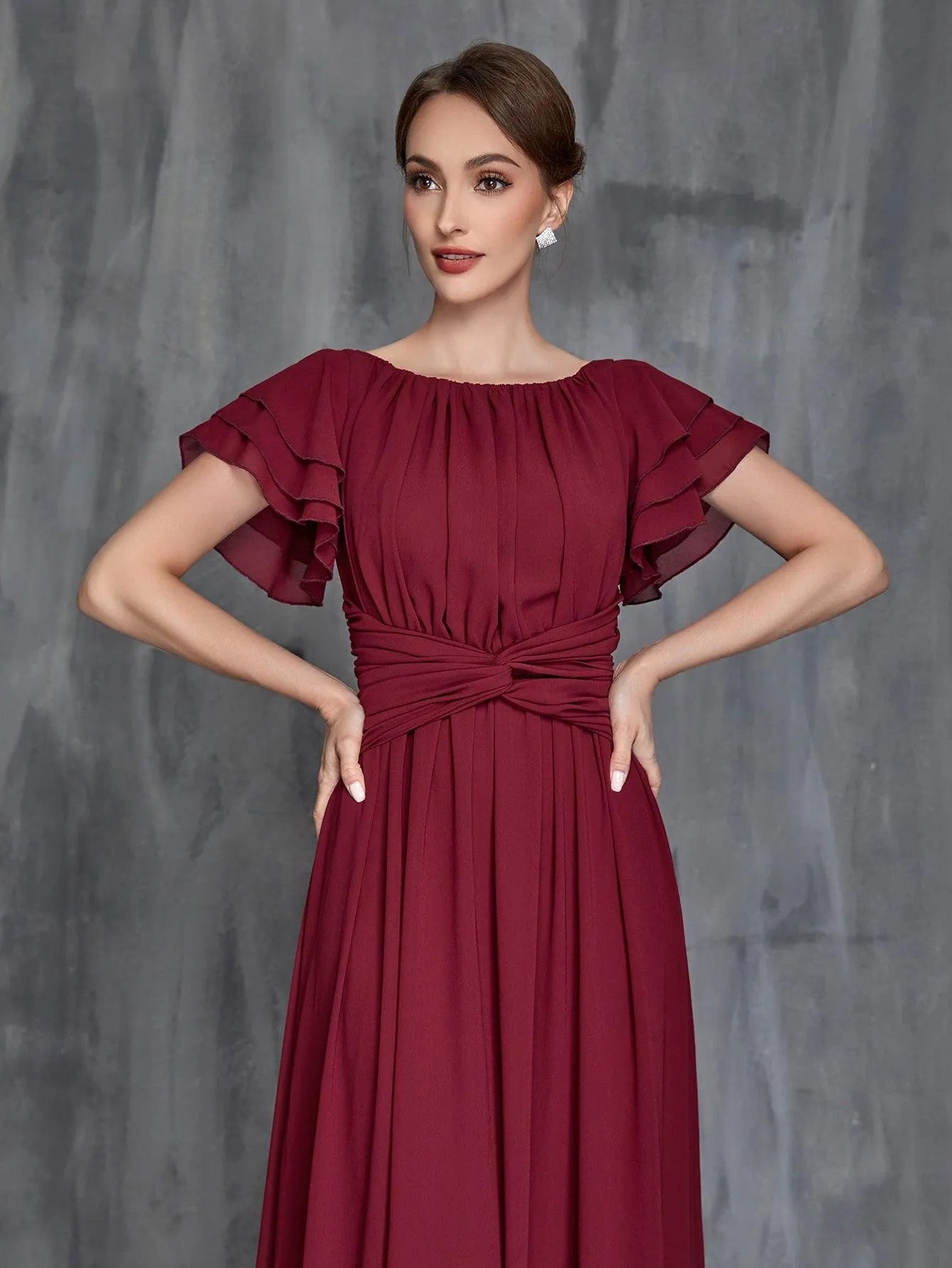 Womens' Layered Ruffle Sleeves Twist Front Chiffon Formal Dress