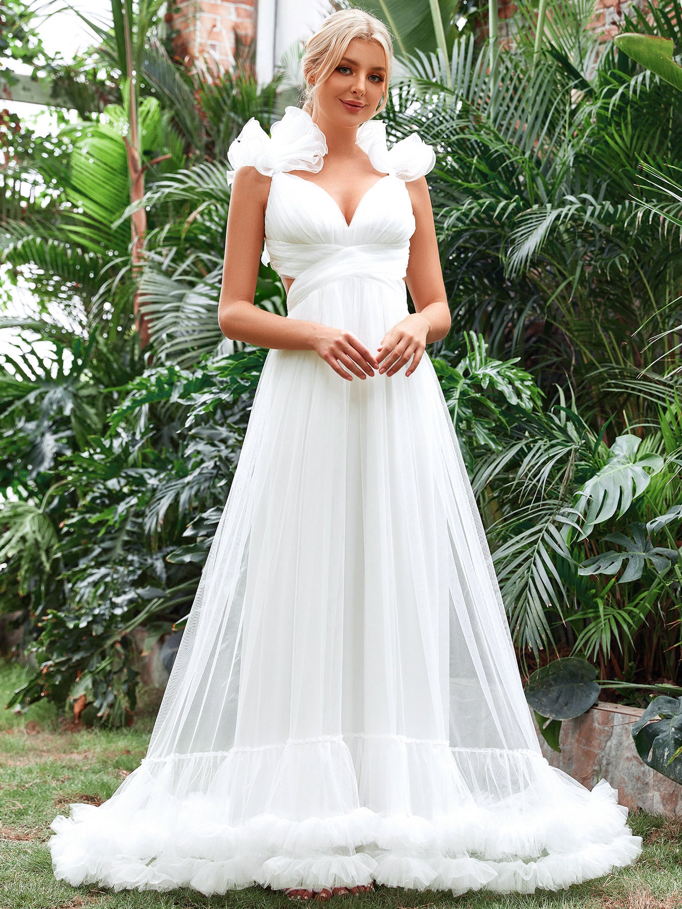 Backless Lace Up Ruffle Trim Cami Wedding Dress