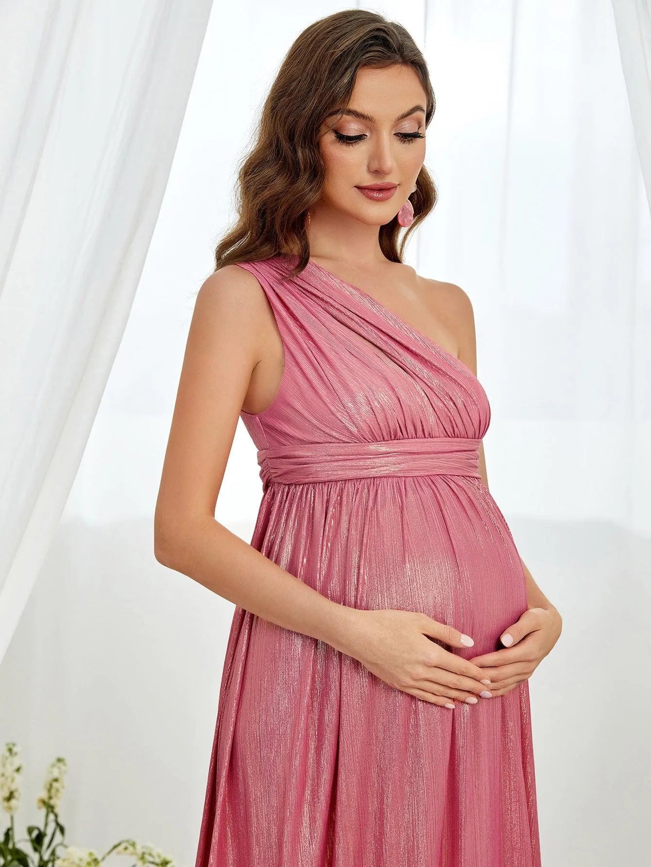 Maternity One Shoulder Sleeveless Metallic Party Dress