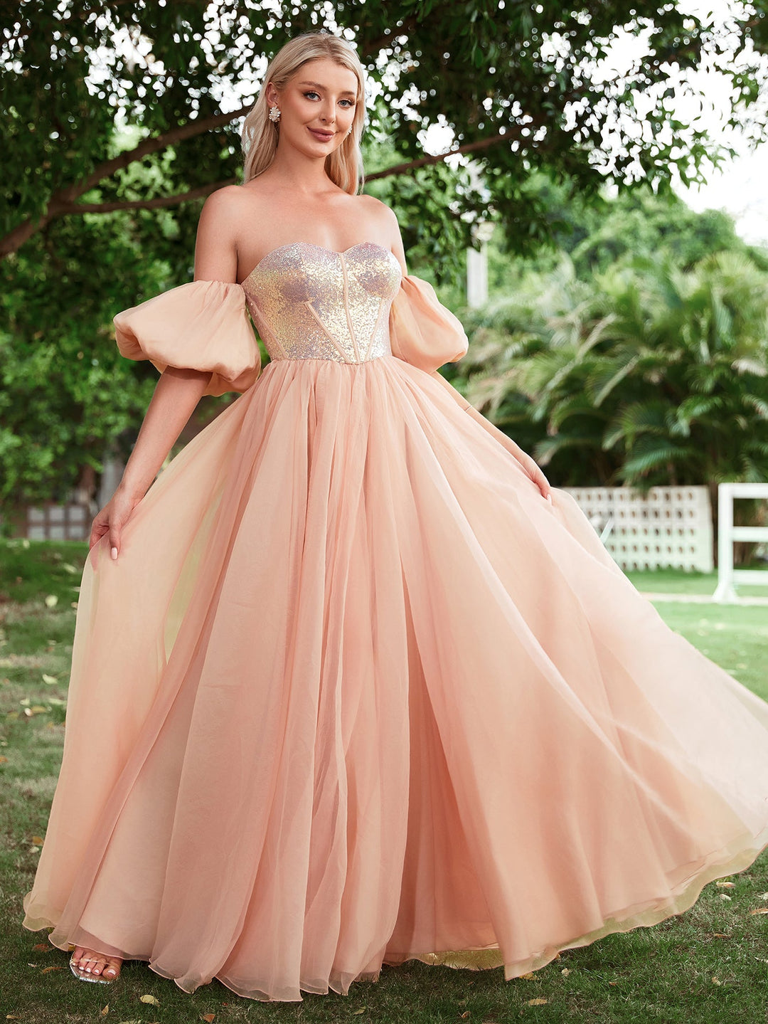 Off Shoulder Lantern Sleeve Sequin Bodice Contrast Organza Hem Dress