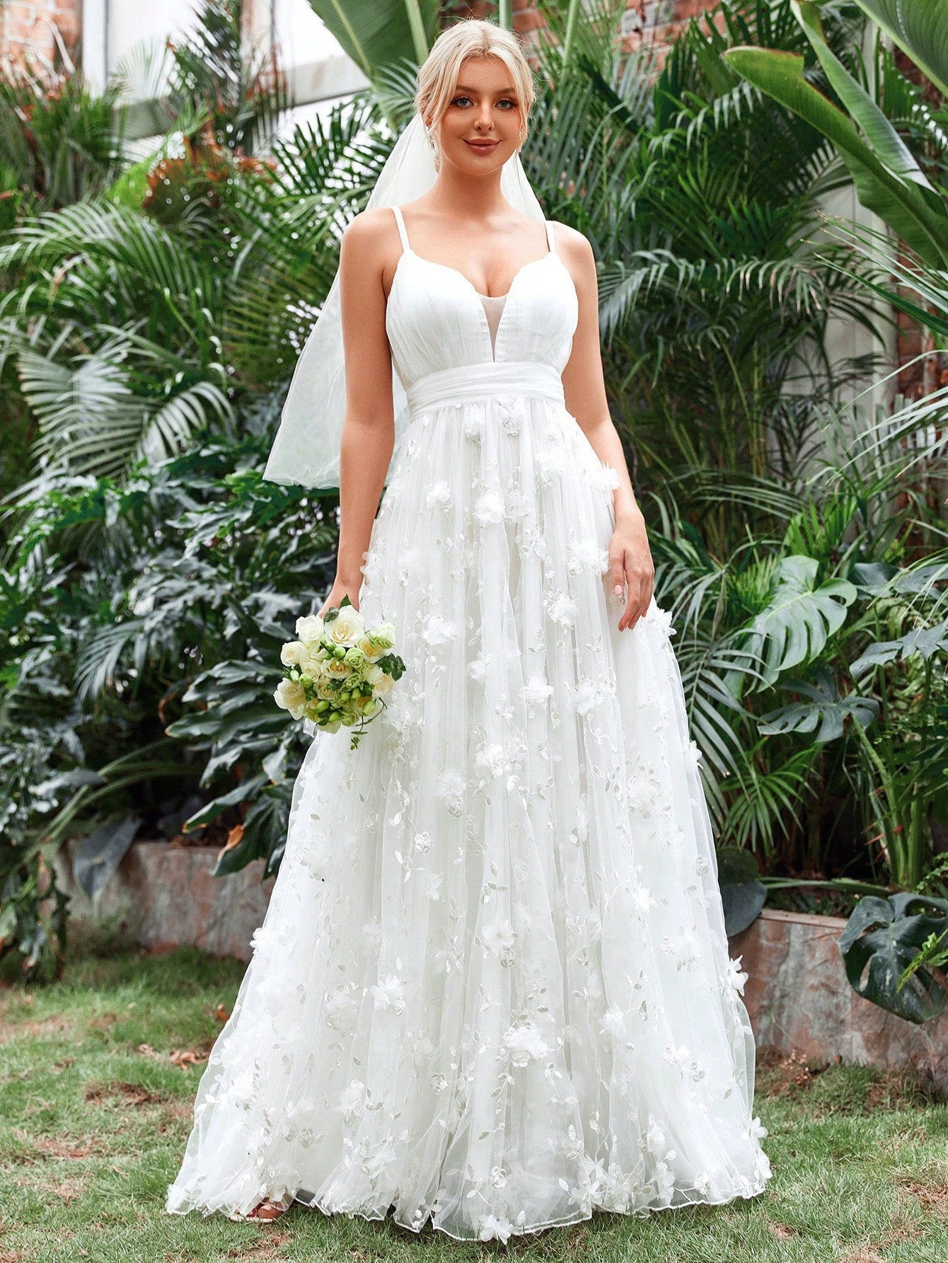 Plunging Neck Floral Applique Mesh Cami Wedding Dress