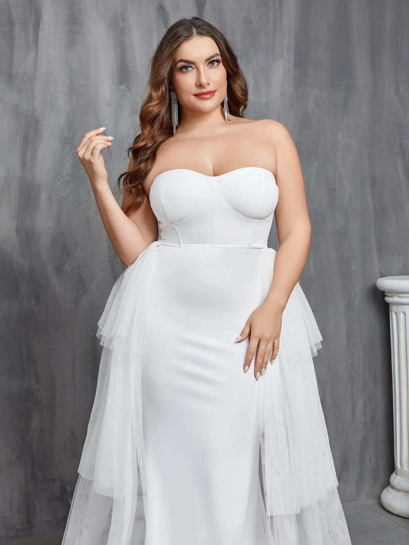 Plus Mesh Overlay Mermaid Hem Tube Wedding Dress