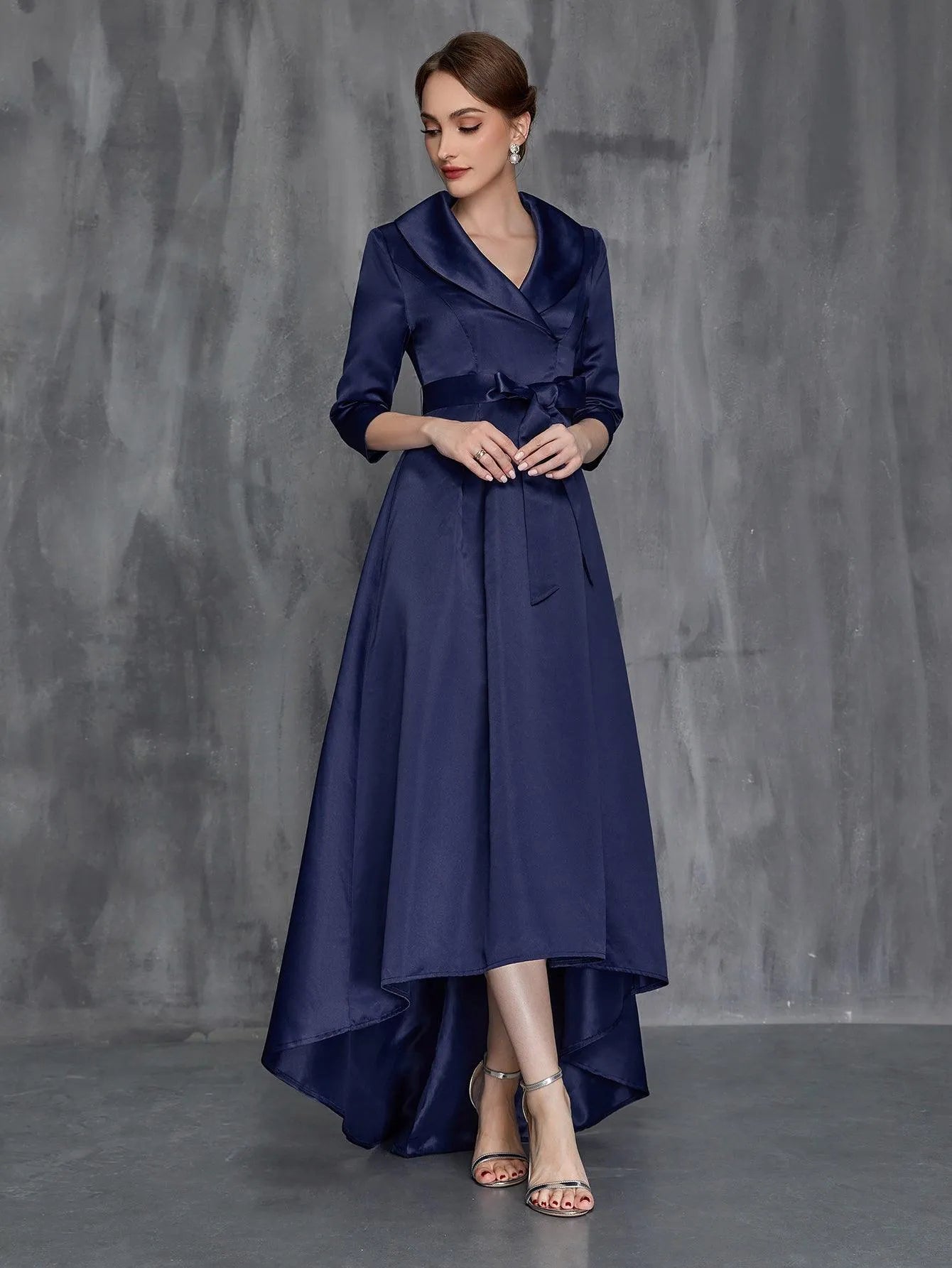 Womens' Shawl Collar High Low Hem Satin Belted Dress