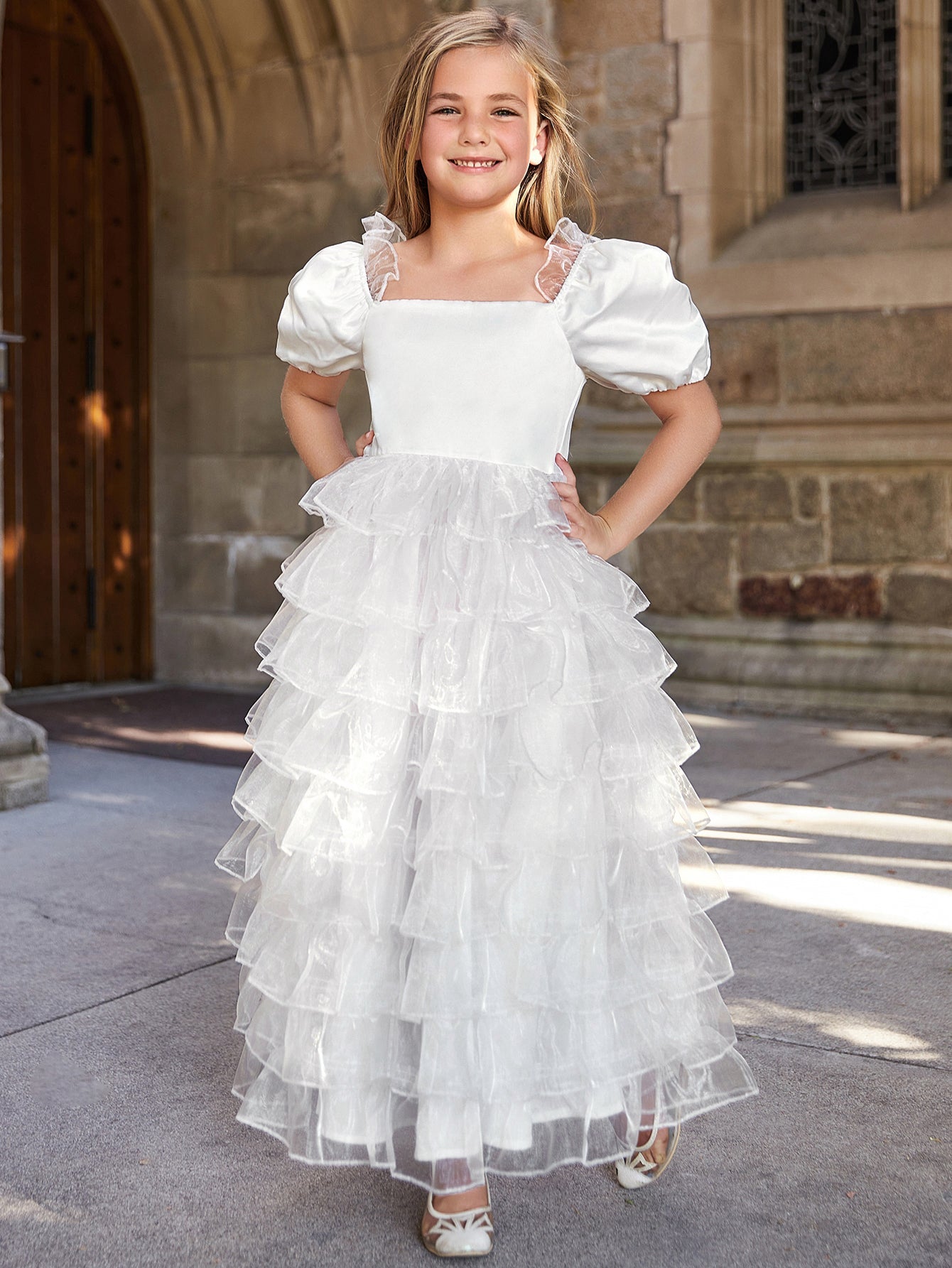 Girl's Puff Sleeve Organza Layered Hem Cake Dress