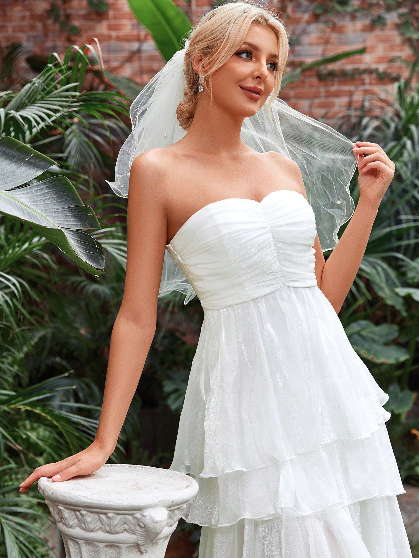 Ruched Bust Layer Hem Chiffon Tube Wedding Dress