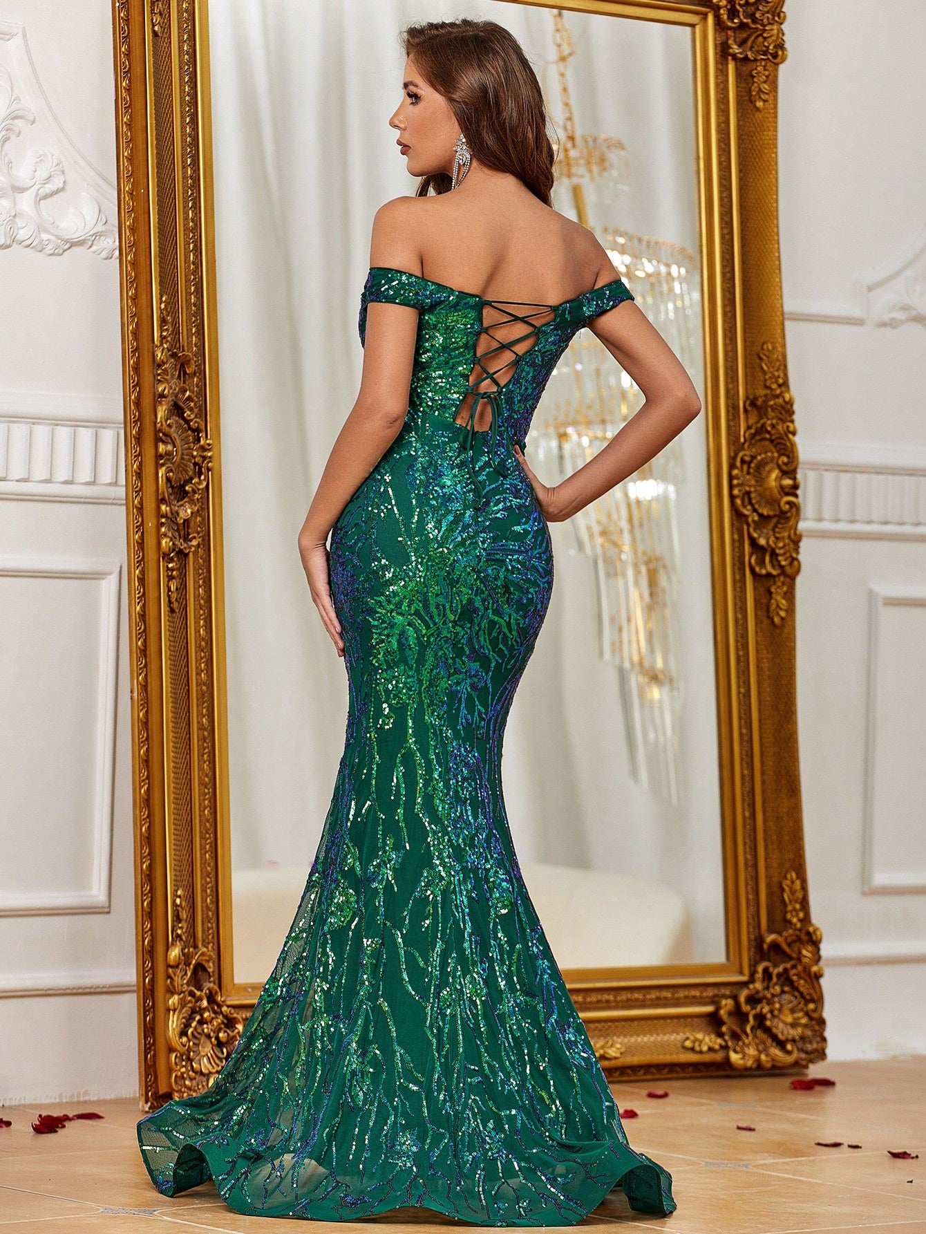 Off Shoulder Back Lace Up Sequin Mermaid Dresses