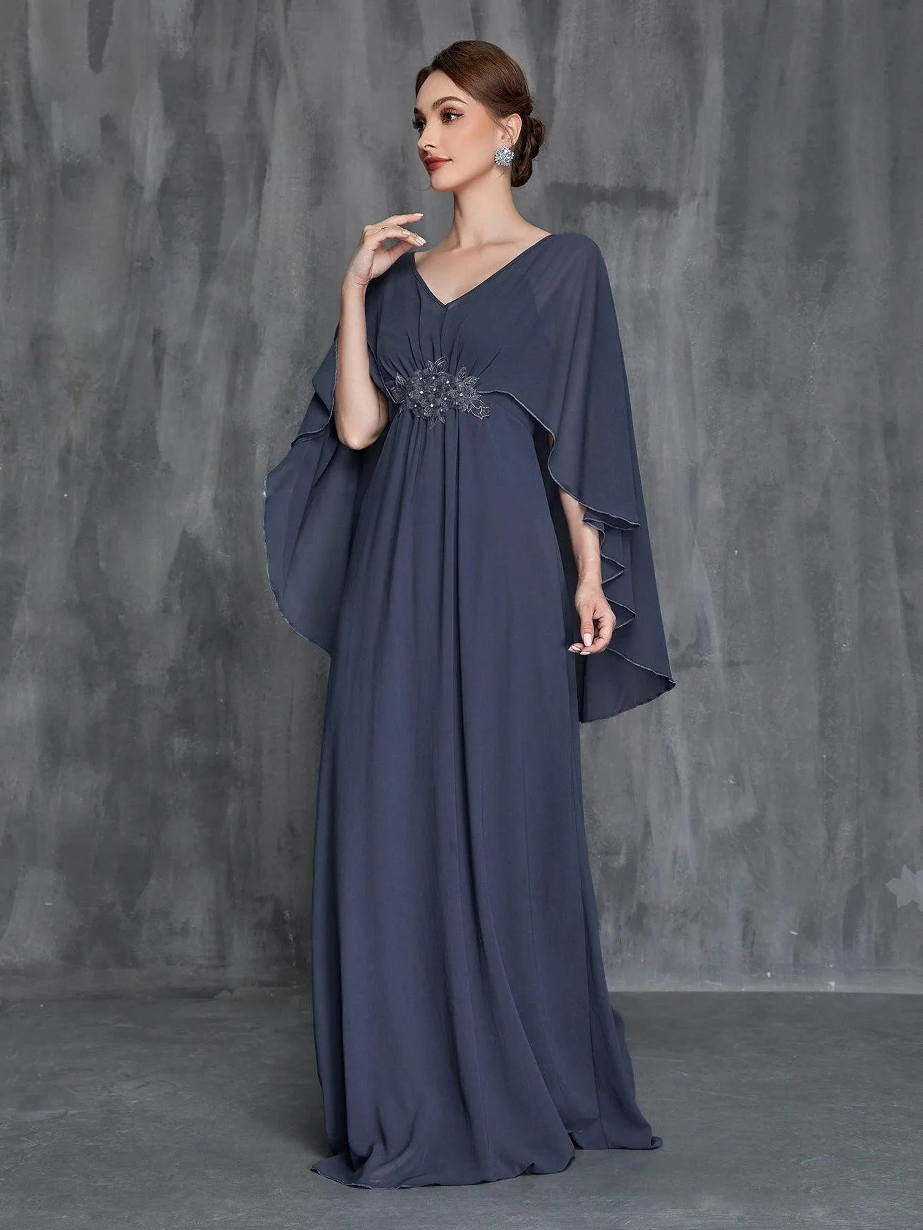 Womens' Applique Detail V Neck Chiffon Cape Dress