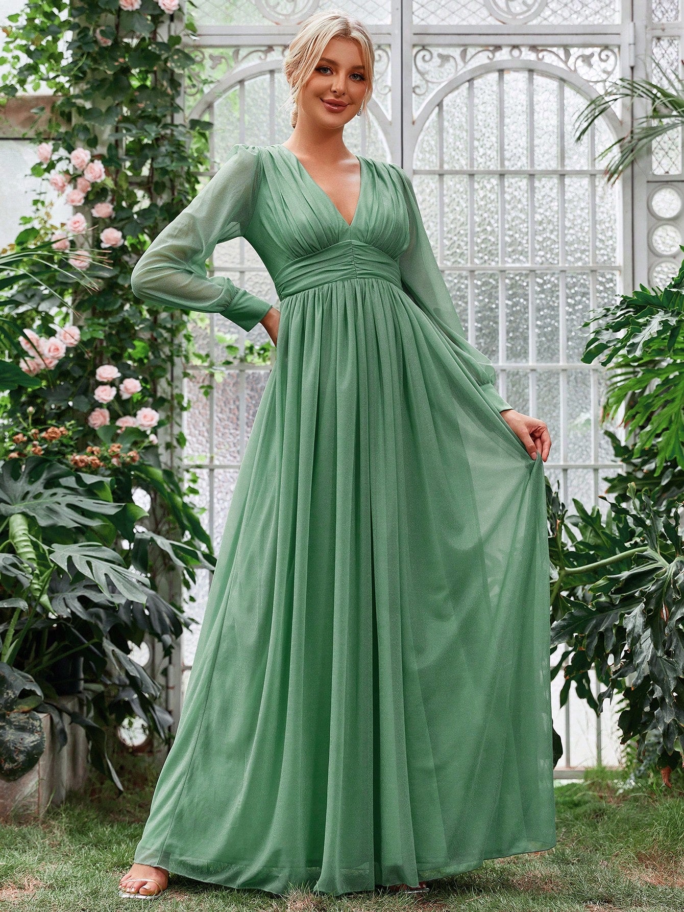 Elegant V Neck Lantern Sleeve Ruched Waist Maxi Dresses