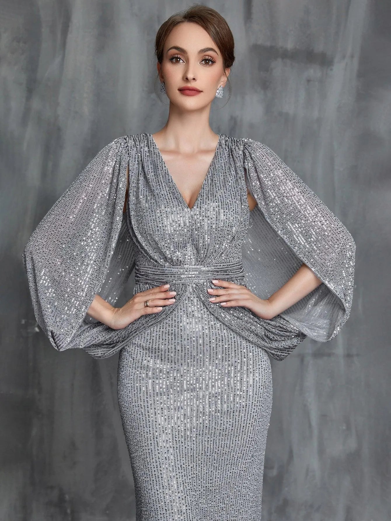 Womens' Split Sleeve Sequin Mermaid Hem Formal Dress