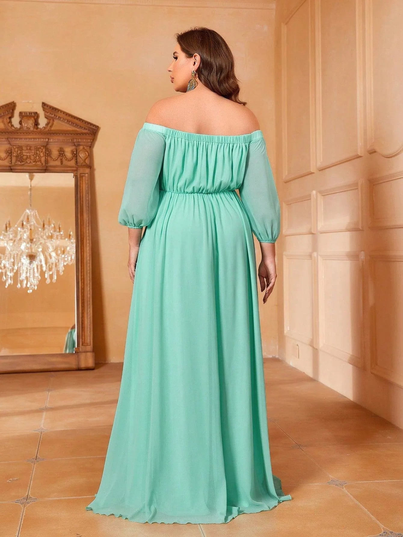 Plus Off Shoulder Split Thigh Belted Chiffon A Line Dress