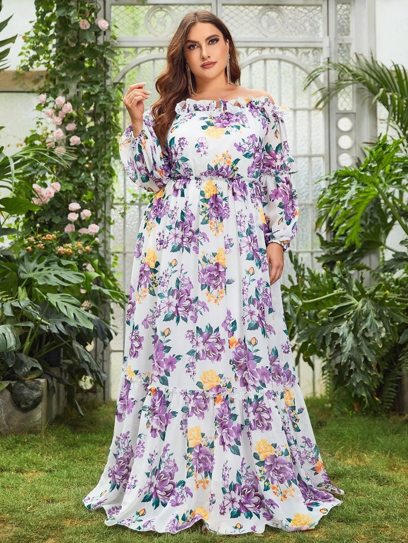 Plus Off Shoulder Long Sleeves Floral Chiffon Dress