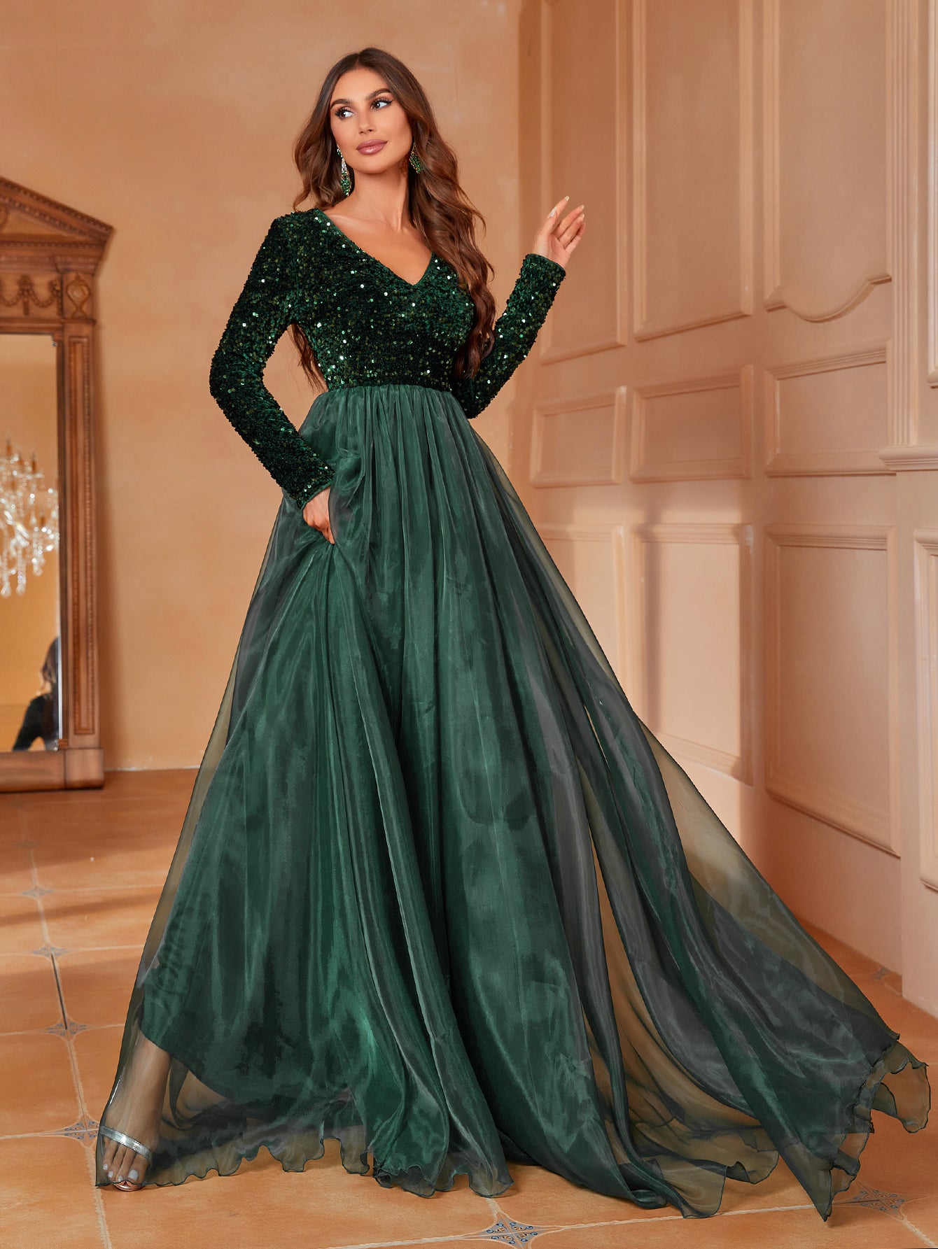 Classic Long-Sleeved V-Neck Formal Dress