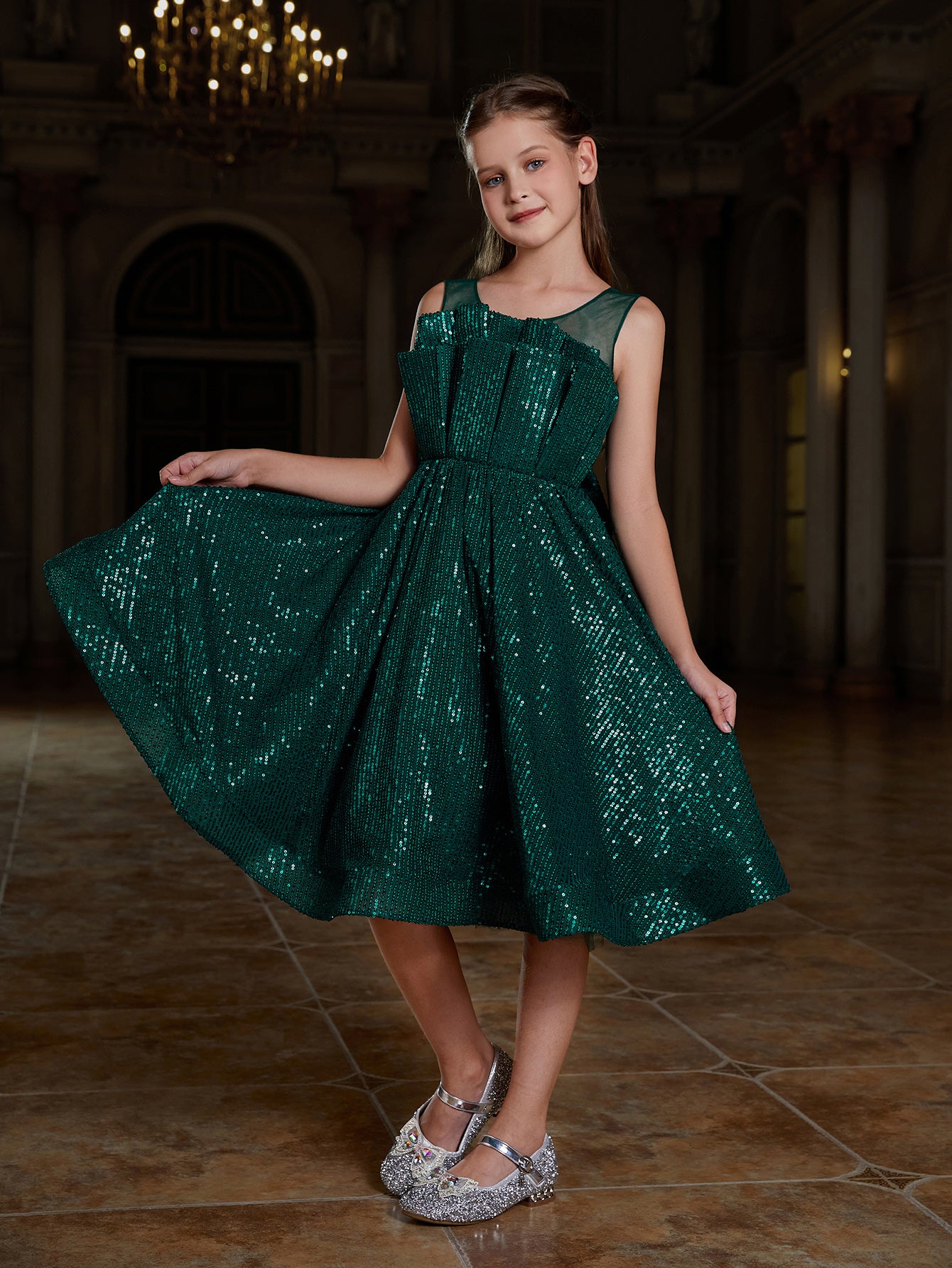 Girl's Pleated Front Sleeveless Sequin Party Dresses