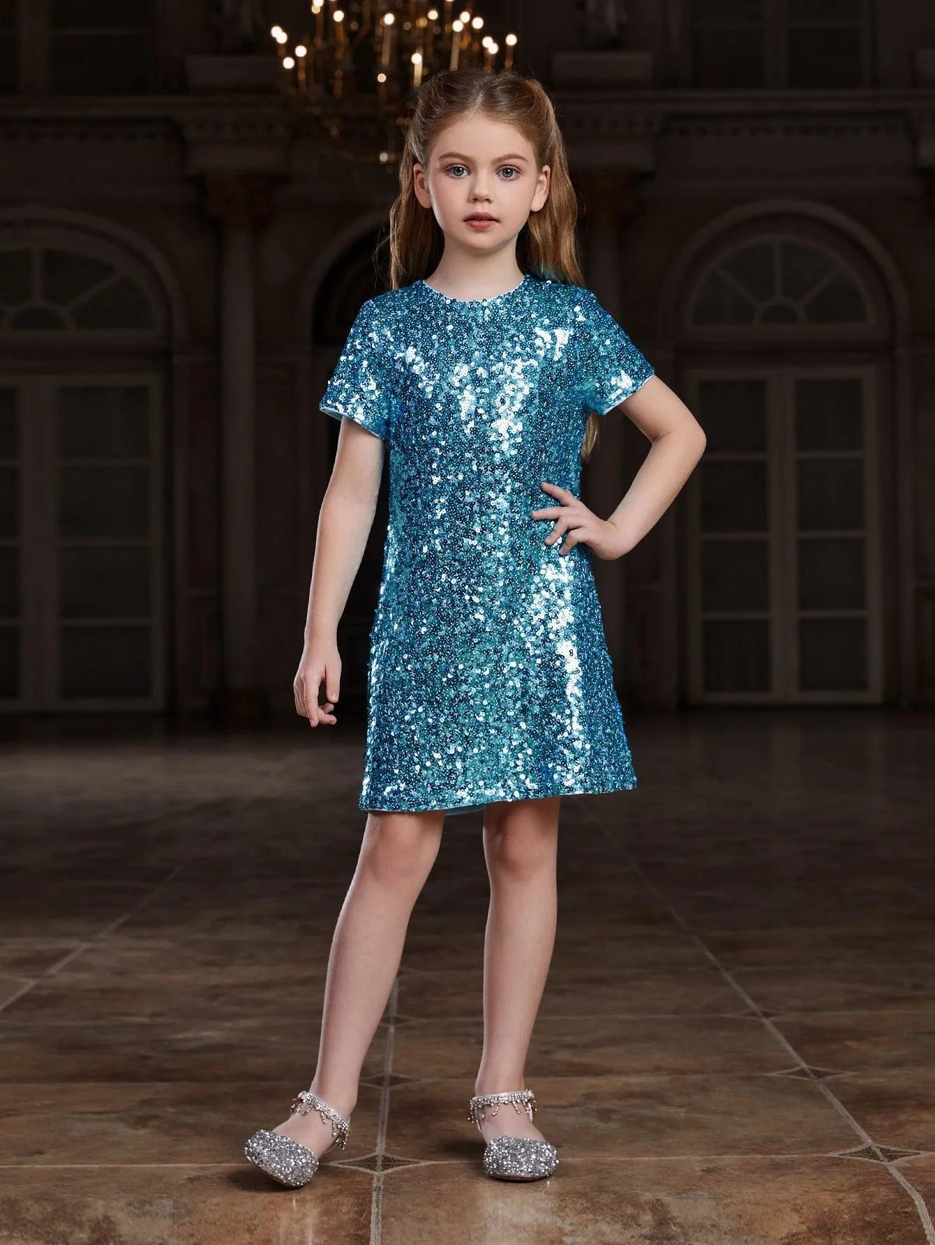 Tween Girls' Round Neck Short Sleeves Sequin Dress