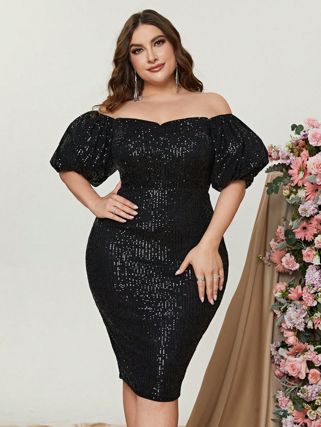 Plus Off Shoulder Puff Sleeve Sequin Midi Dresses