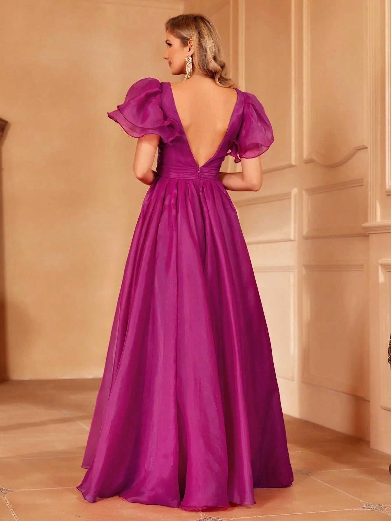 Backless Layered Sleeves Organza Prom Dress