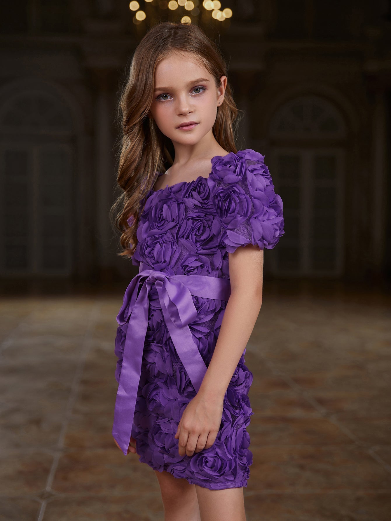 Girl's Square Neck Short Sleeve Applique Dress