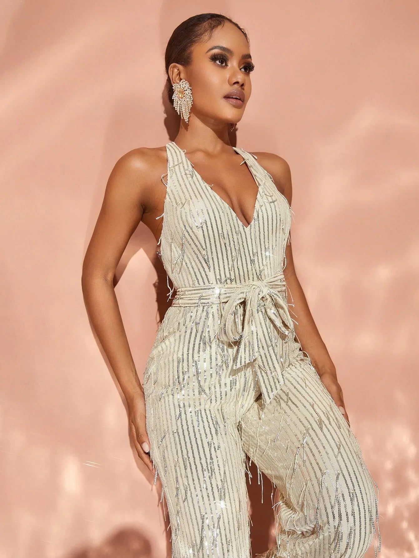 Chic Halter Neck Backless Sequin Belted Jumpsuit