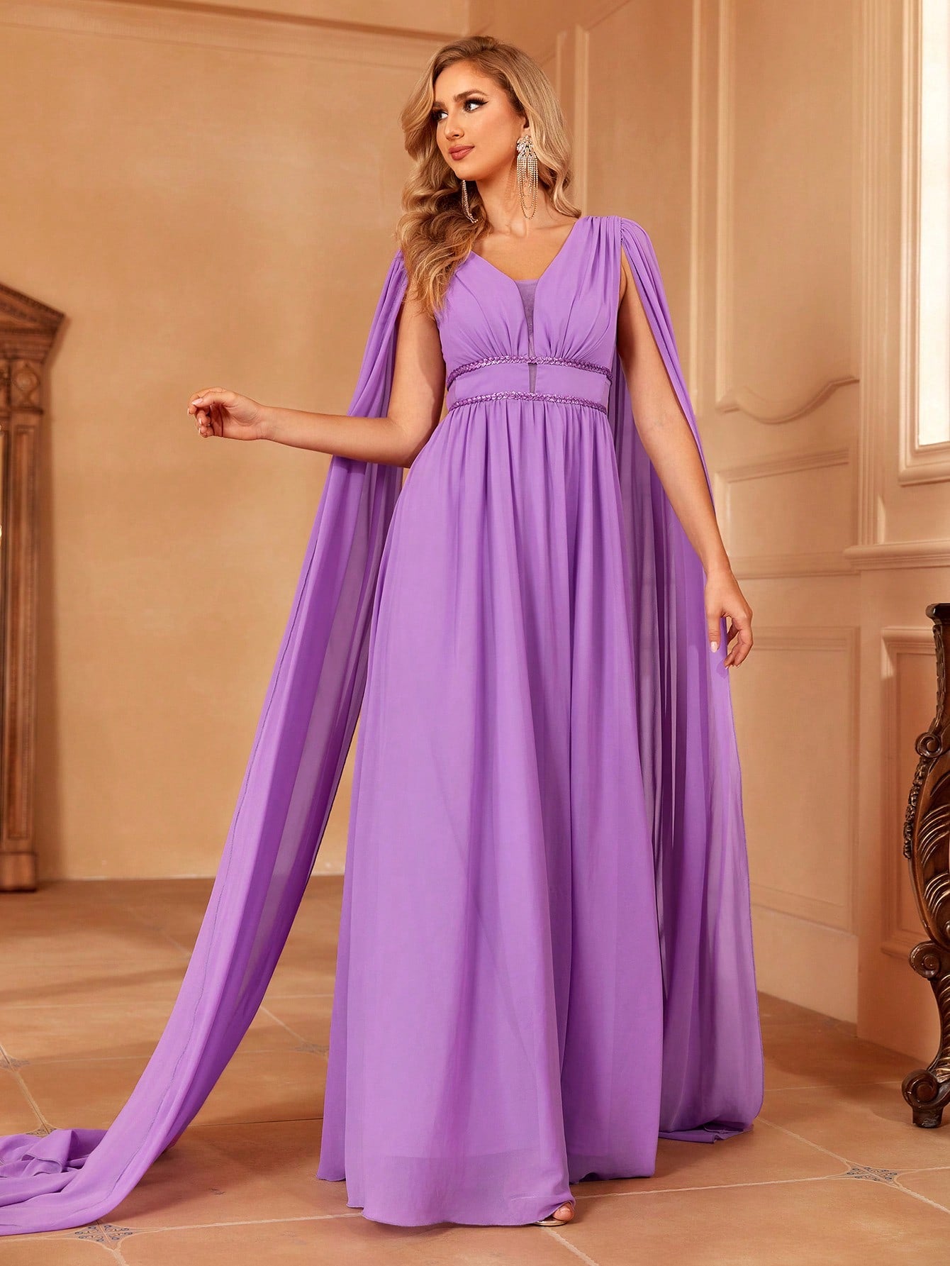 Plunging Neck Cloak Sleeve Chiffon A Line Dress