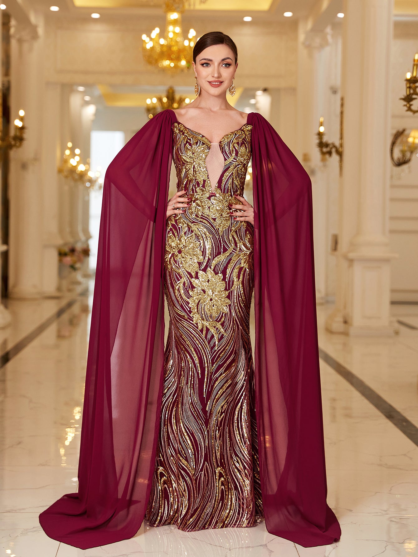 Regal Burgundy Sequin-Embellished Gown