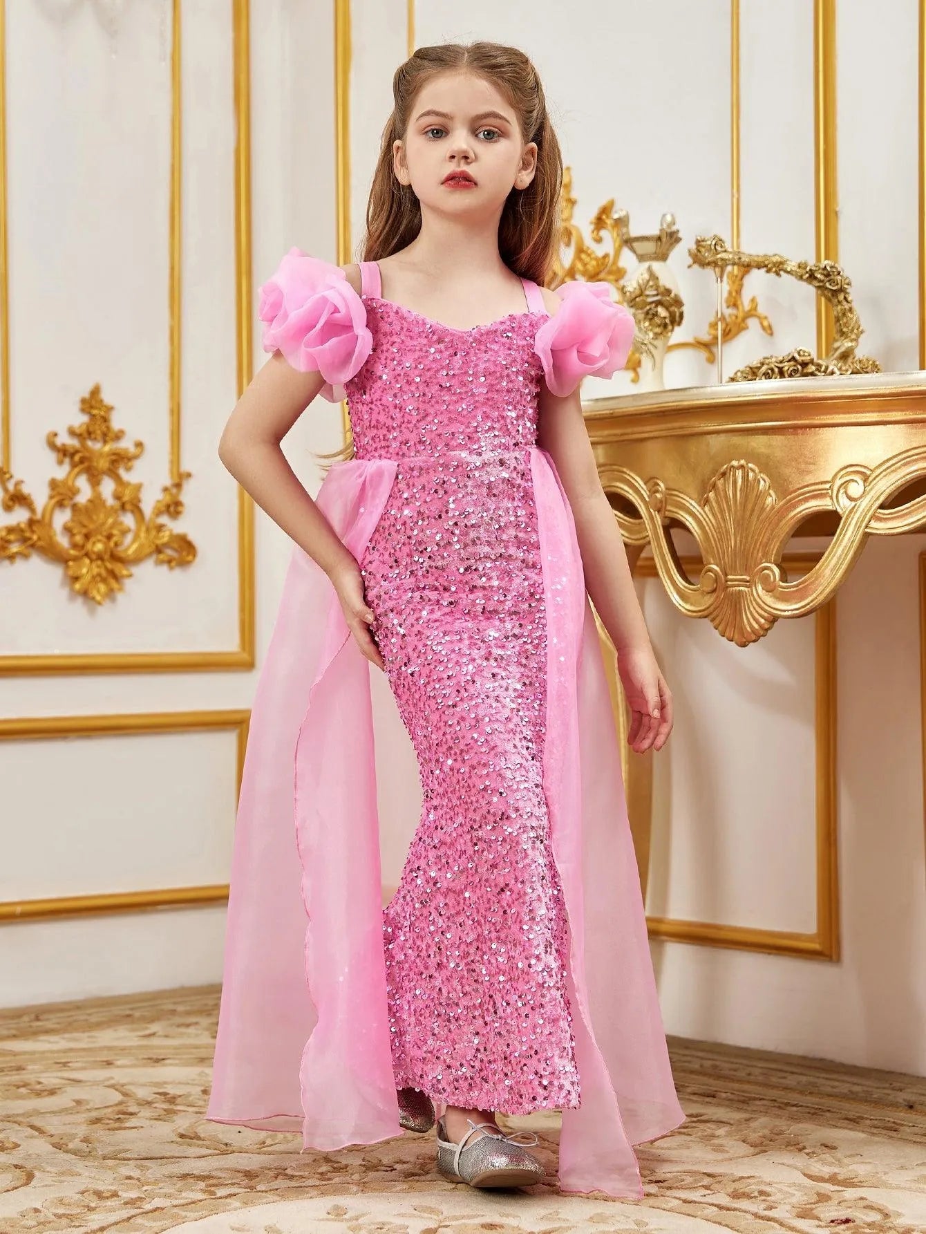 Tween Girls' Sweetheart Collar Mesh Overlay Sequin Mermaid Dress