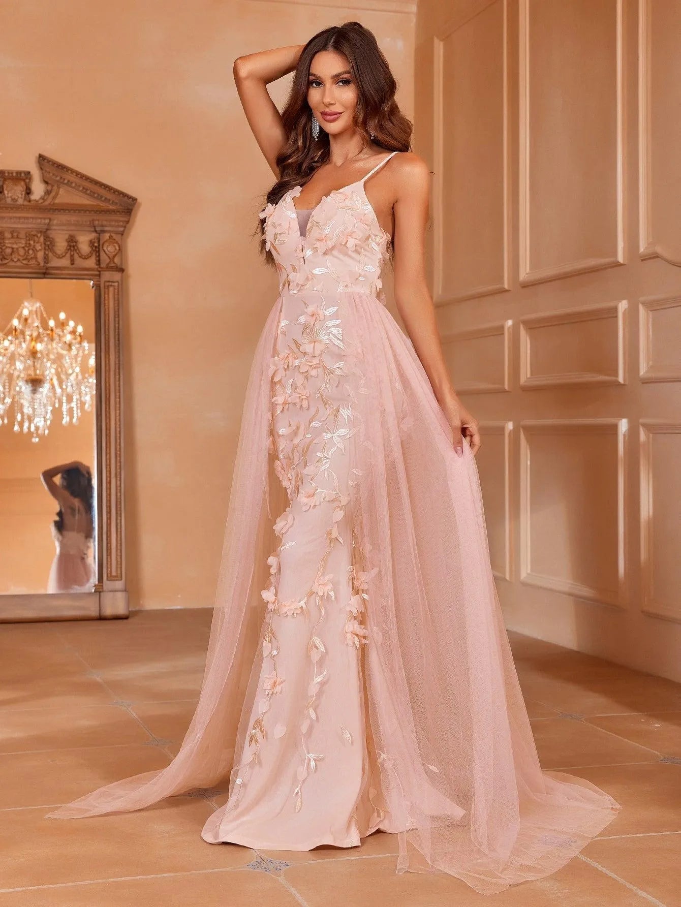 Floral-Accented Tulle Gown with Train