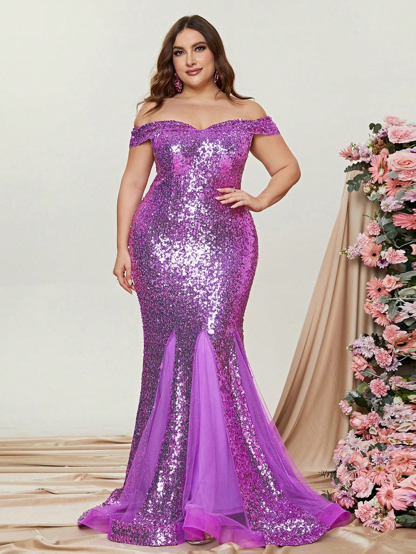 Plus Off Shoulder Sleeveless Mesh Insert Sequin Mermaid Dress