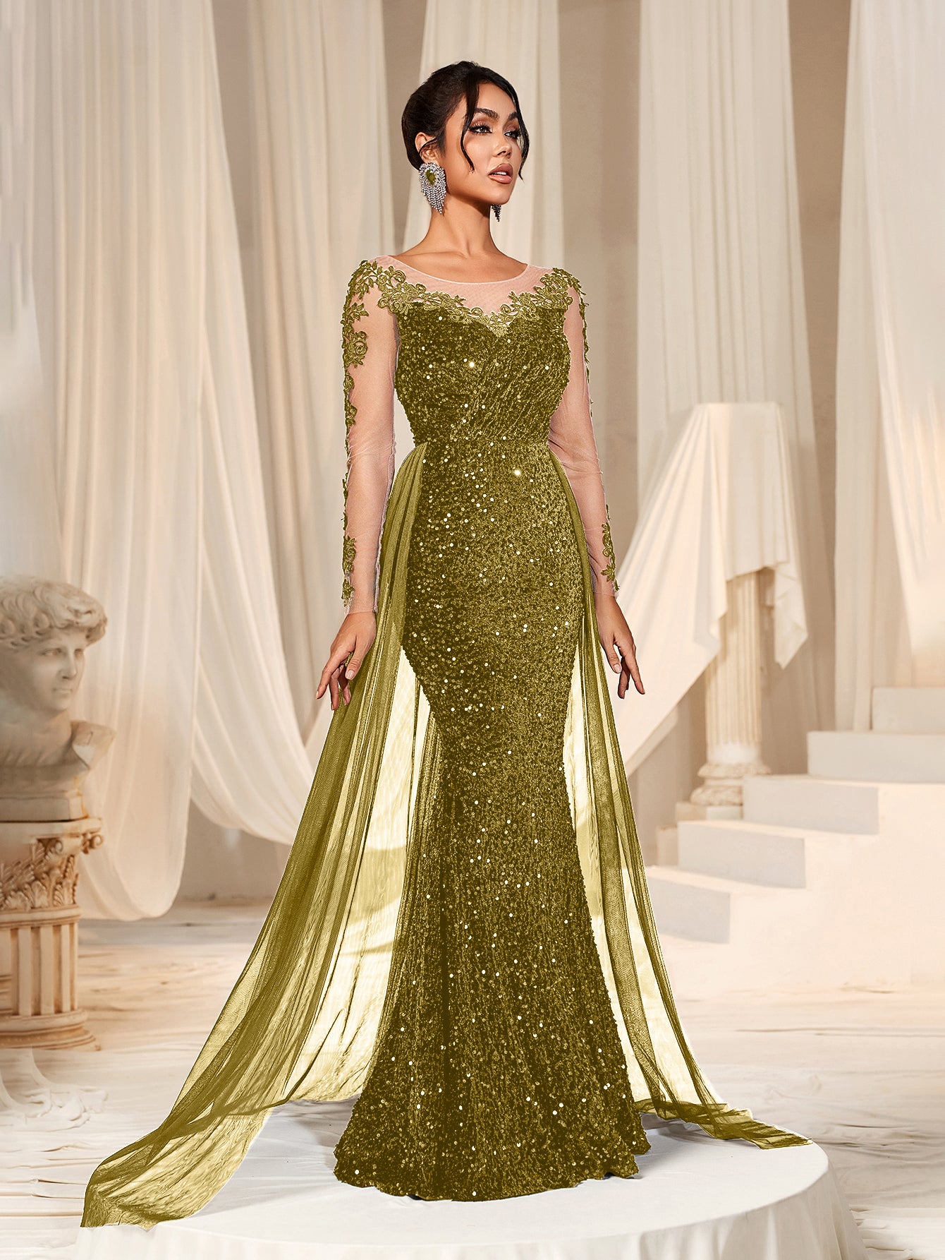 Elegant Sheer Sleeves Mesh Train Sequin Evening Dress