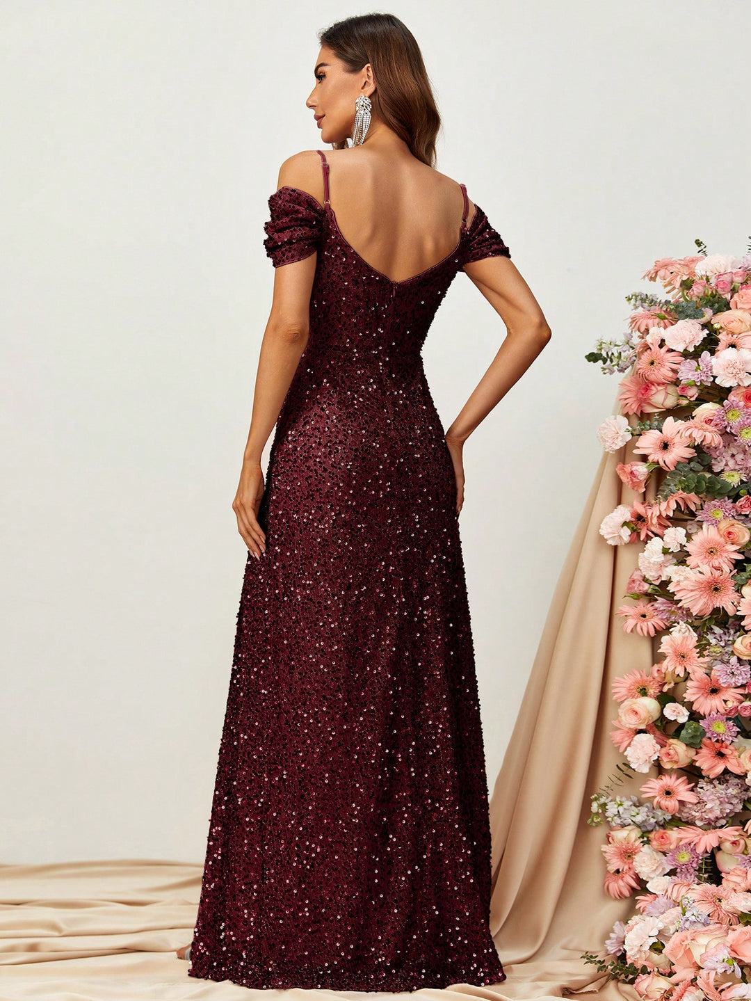 Elegant Off Shoulder Short Sleeve Sequin A Line Slit Dresses