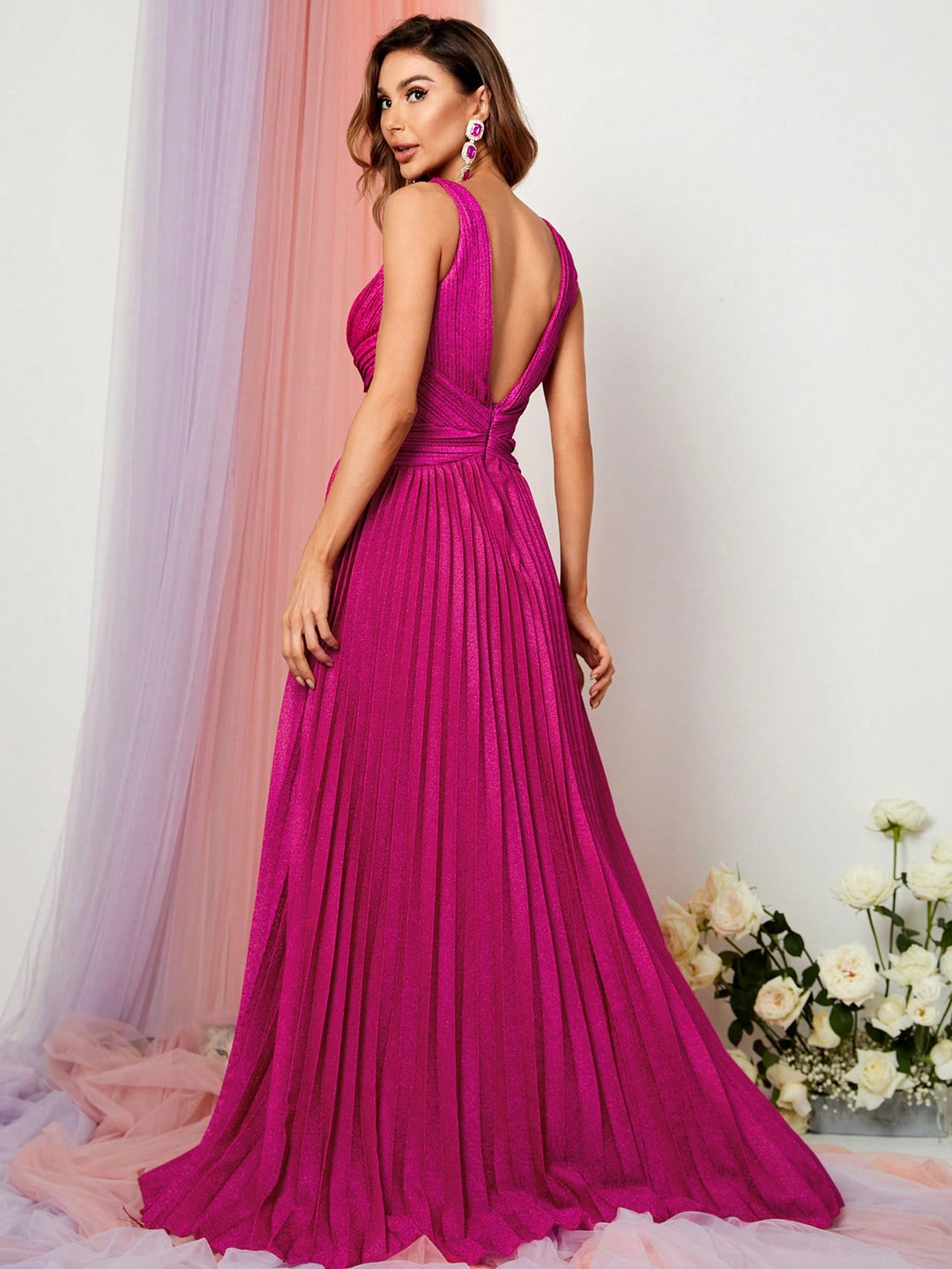 Glitter V Neck Sleeveless Maxi A Line Pleated Gown