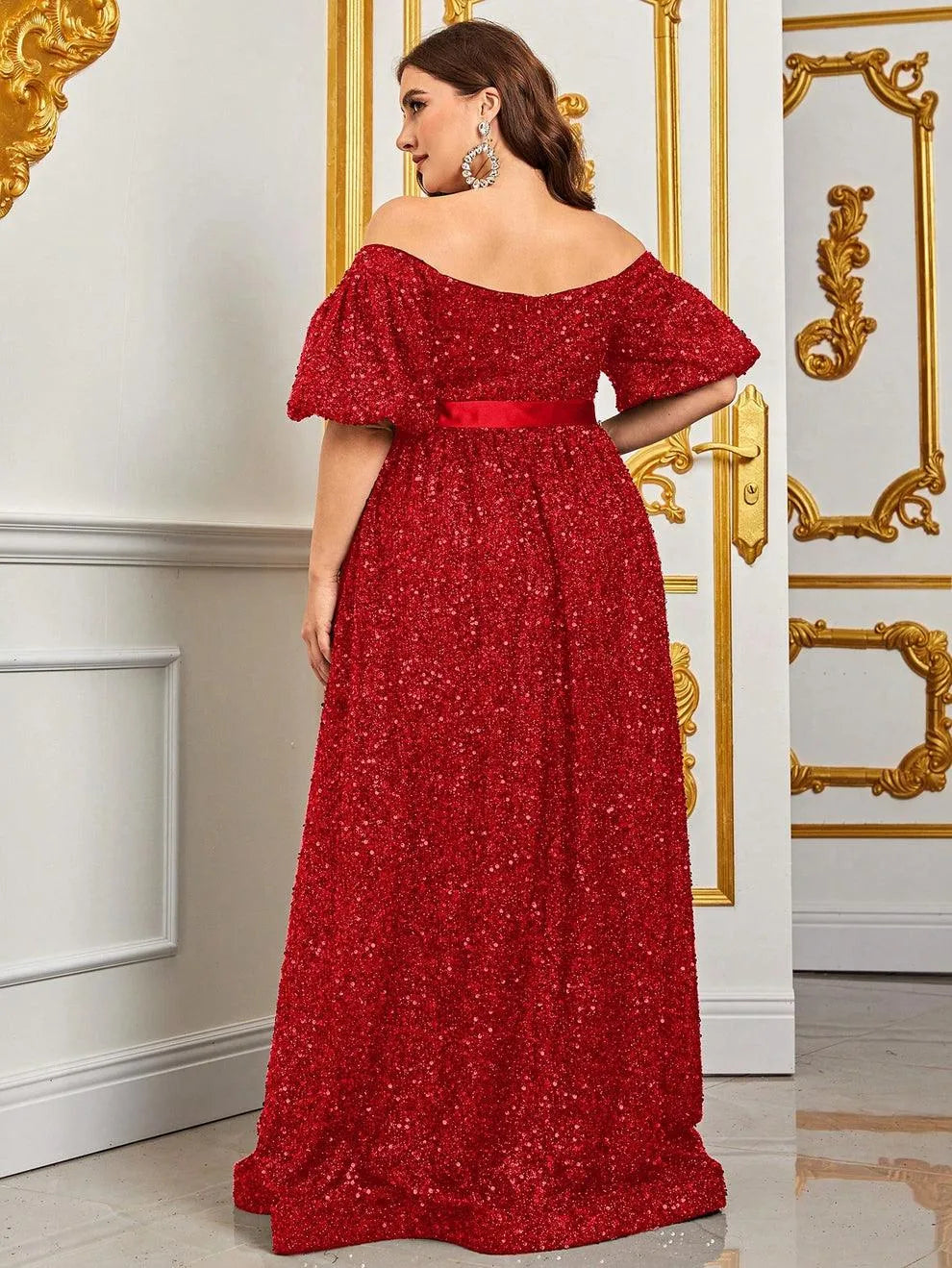 Plus Off Shoulder Puff Sleeves Sequin Formal Dress