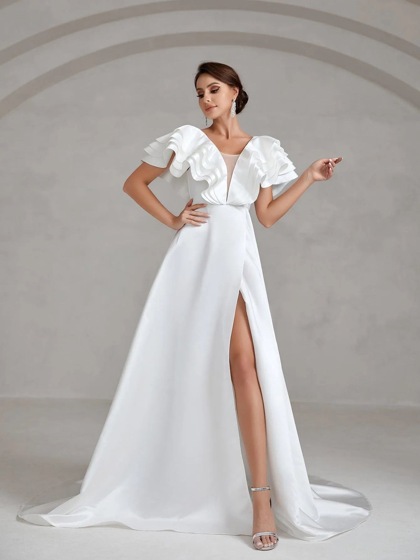 Backless Ruffle Layered Sleeve Satin Wedding Dress