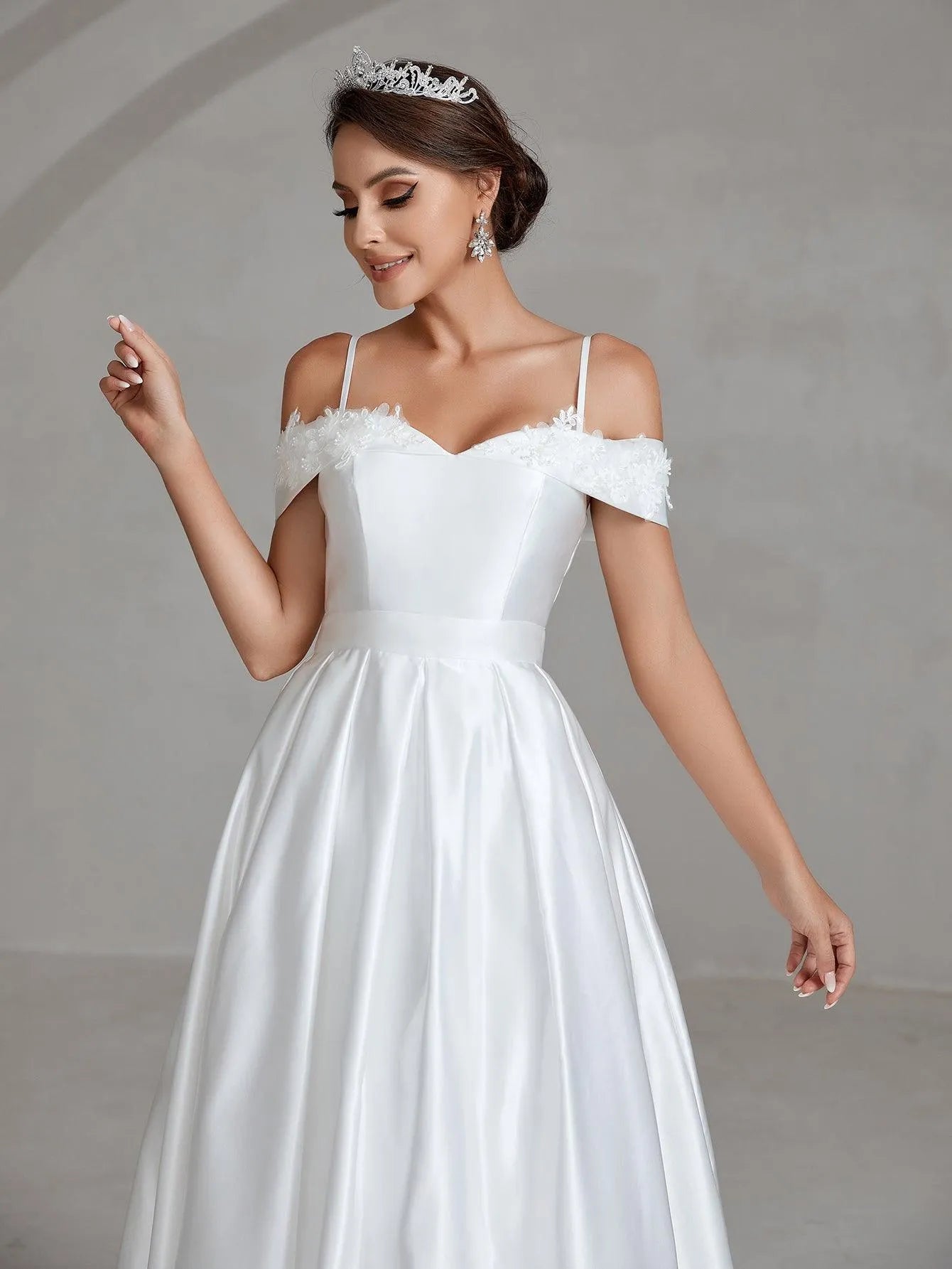 Floral Applique Cold Shoulder Satin Wedding Dresses