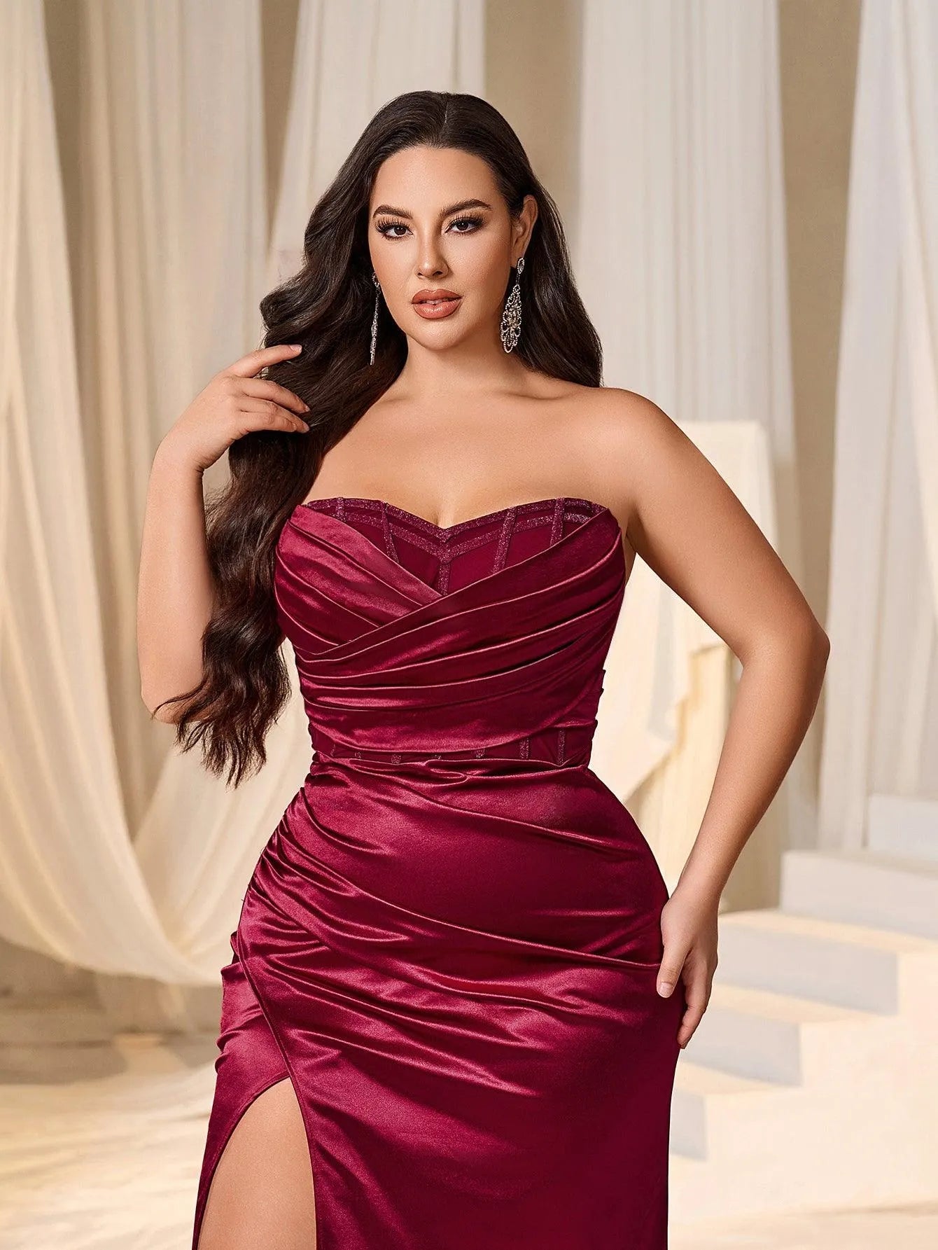 Plus Ruched Wrap Mermaid Hem Satin Party Tube Dress