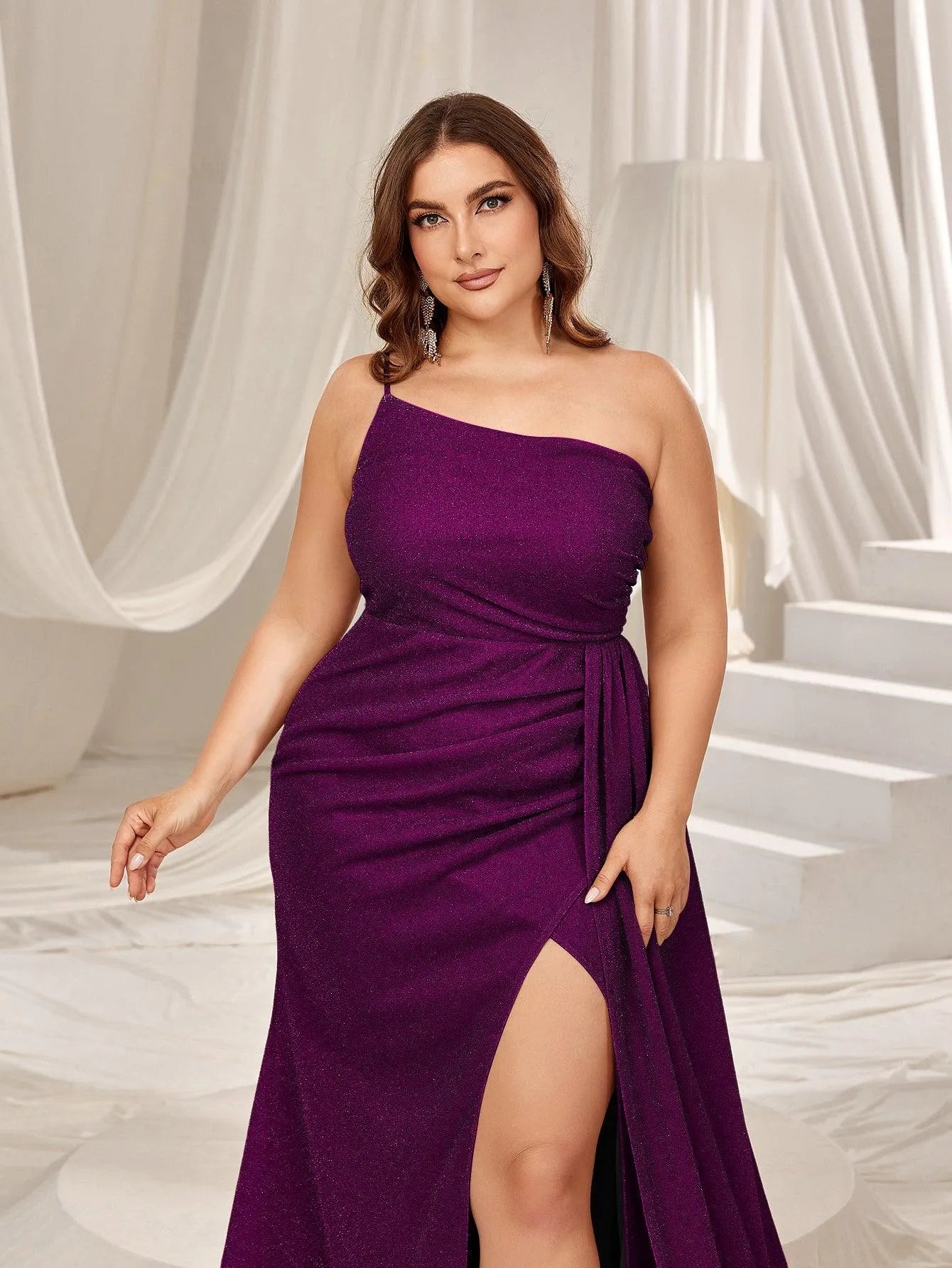 Plus Glitter One Shoulder Split Thigh Draped Side Party Dress