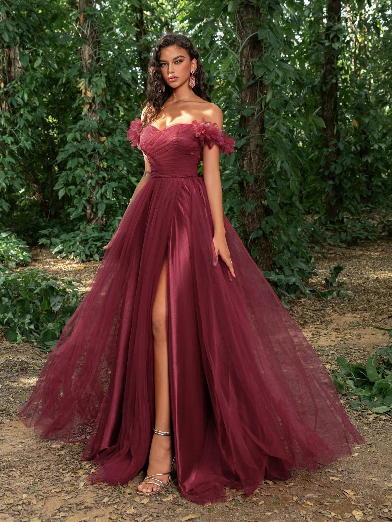 Elegant Off Shoulder Ruched Bust Split Thigh Tulle Prom Dress